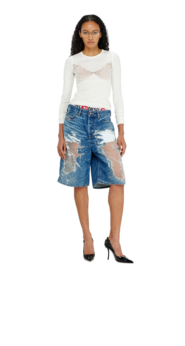 Pantaloni corti in denim devor&eacute;