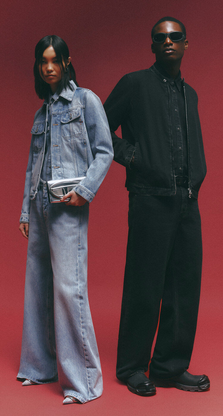 A woman and a man wearing Diesel's denim collection