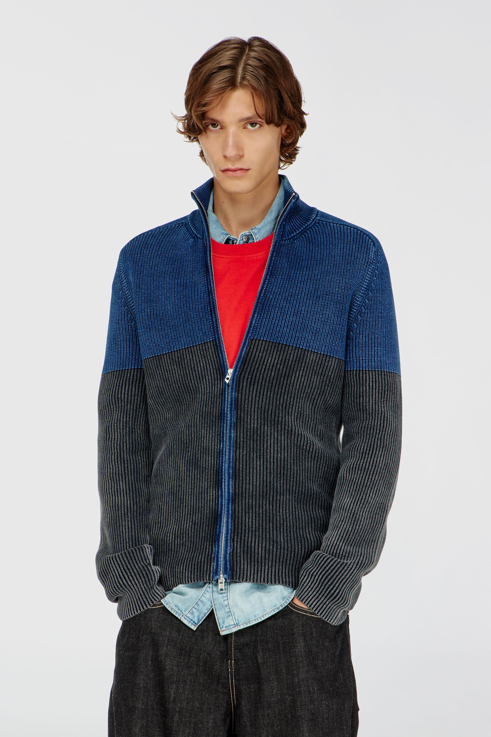 Diesel - K-HERMOS, Cardigan con zip effetto denim bicolore Uomo in Multicolor - 2