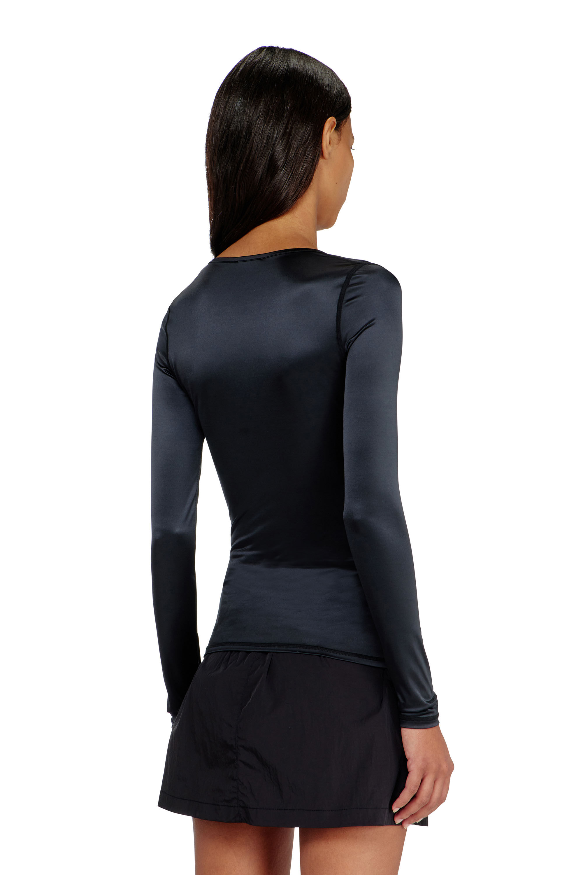 Diesel - T-ELPHIN-LS, Top slim in nylon con scollo rotondo e ricamo Logo Oval D Donna in Nero - 4