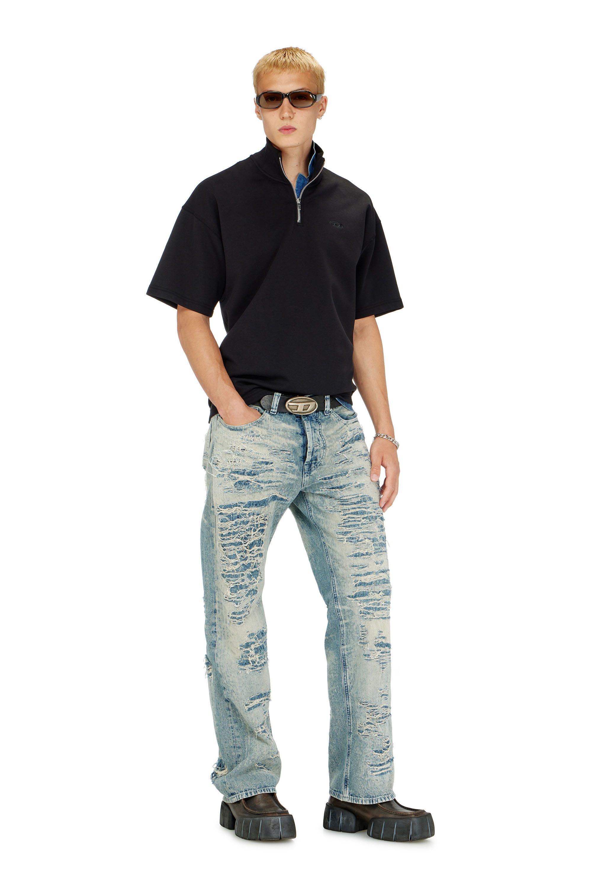 Diesel - S-CUBY, Felpa a manica corta con zip in scuba leggero Uomo in Nero - 1