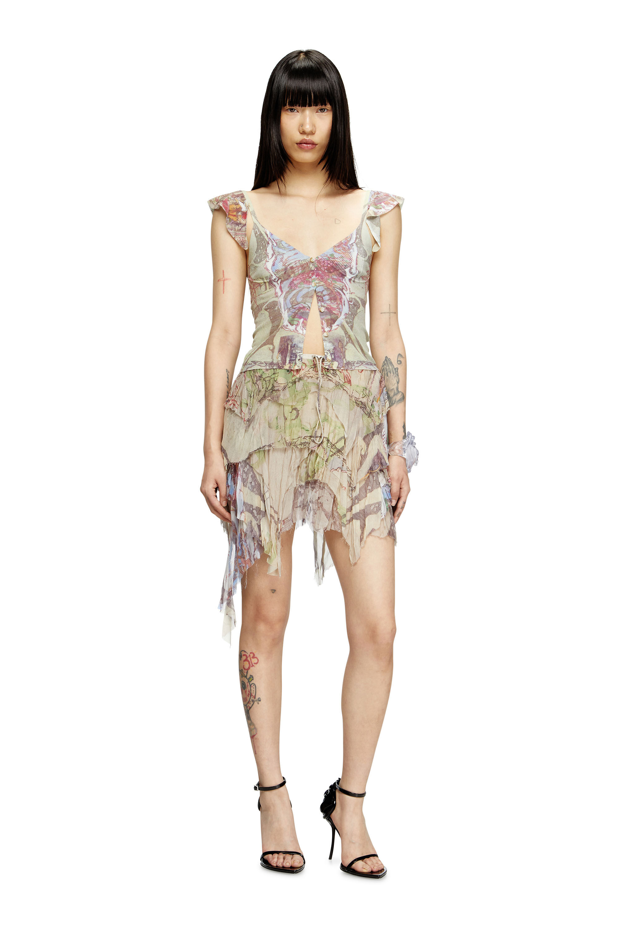 Diesel - M-FIORE, Top in maglia con ruches e stampa medievale Donna in Marrone - 1