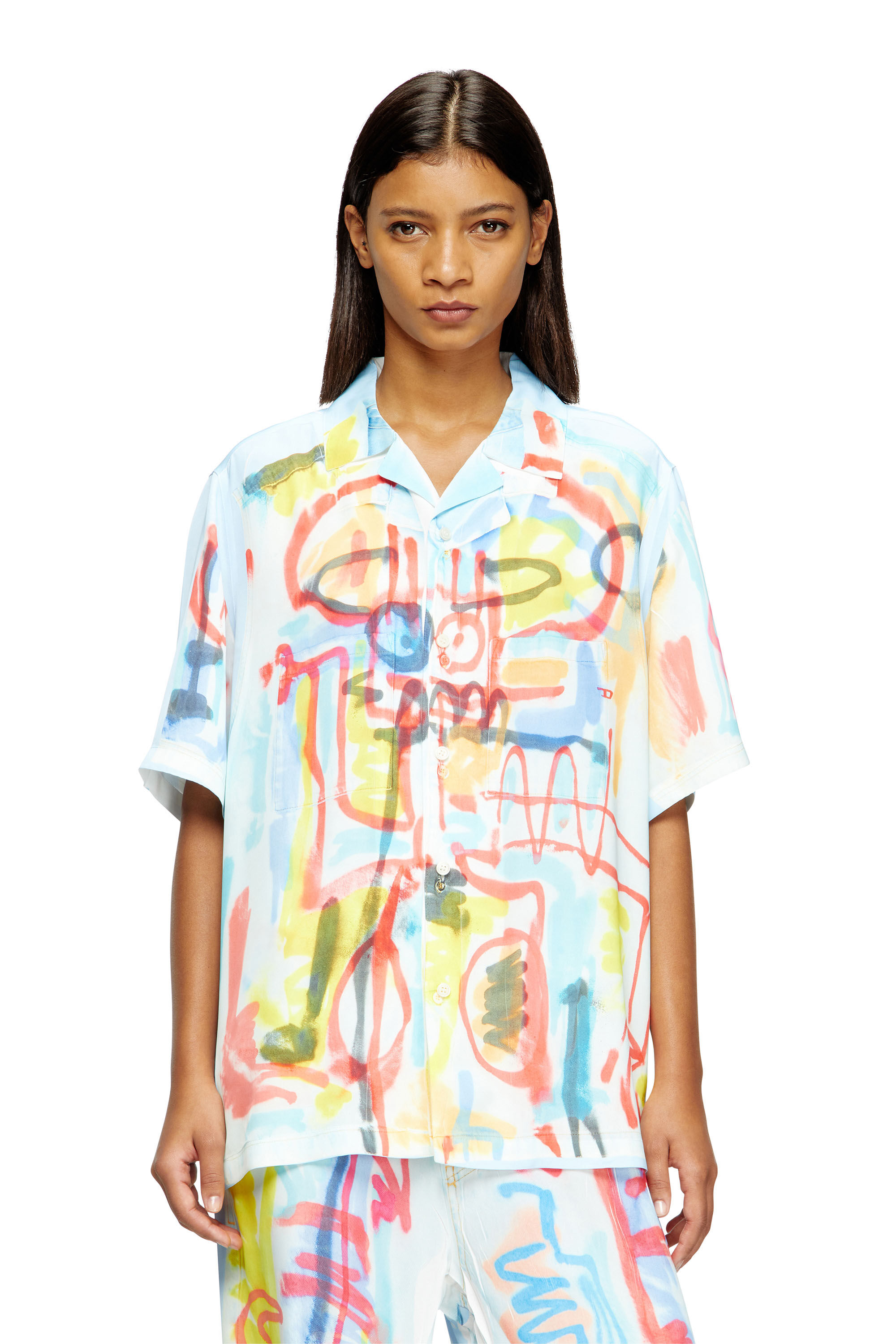 Diesel - C-PAROSHORT-GRAFFITI-AFR, Camicia bowling in raso con stampa graffiti Unisex in Blu - 5