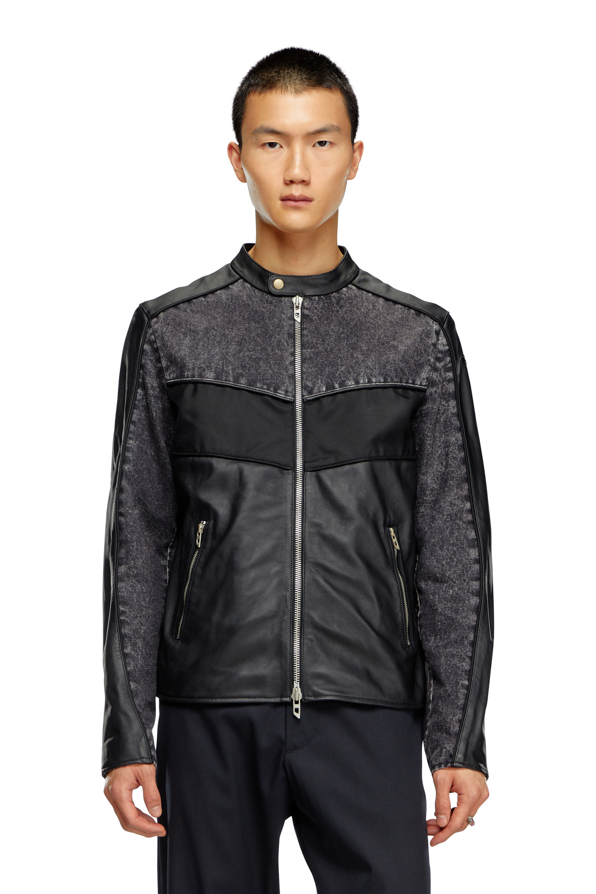 Giacca in pelle con inserti in denim e tessuto Uomo Nero Diesel