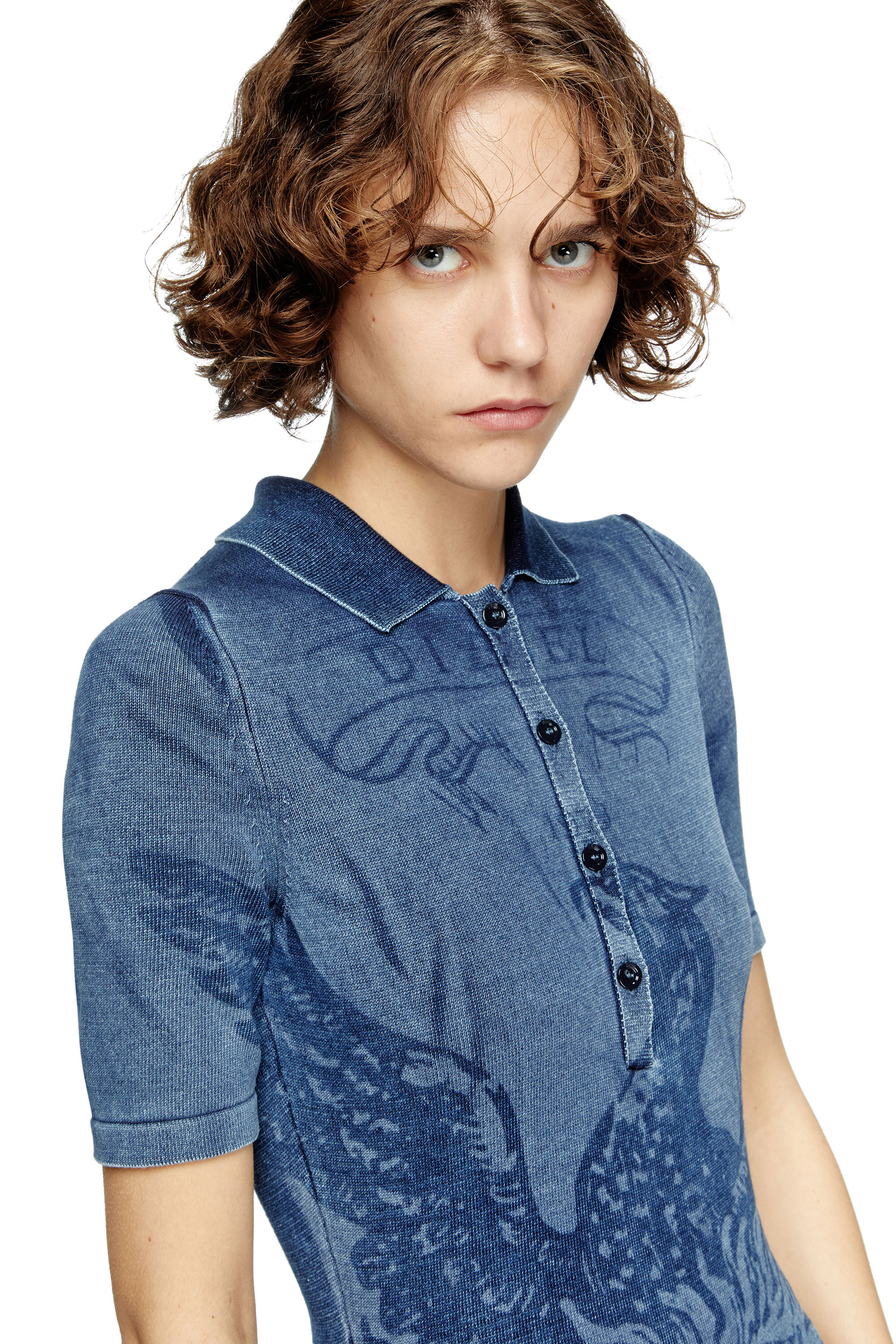 Diesel - M-FENNY-DRS, Abito polo in maglia effetto denim Donna in Blu - 5