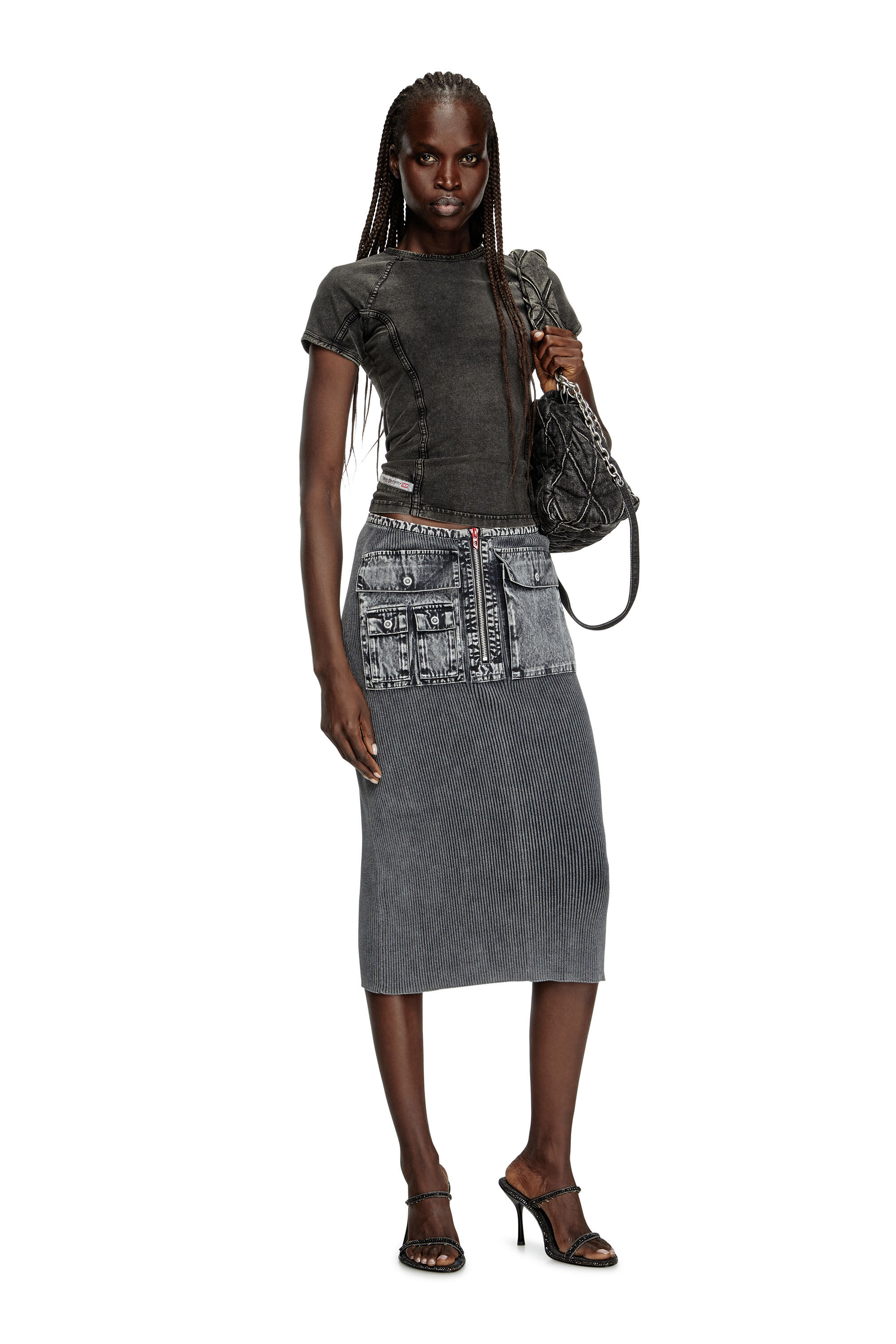 Diesel - T-LYNNE, Top in jersey stretch effetto denim Donna in Nero - 1