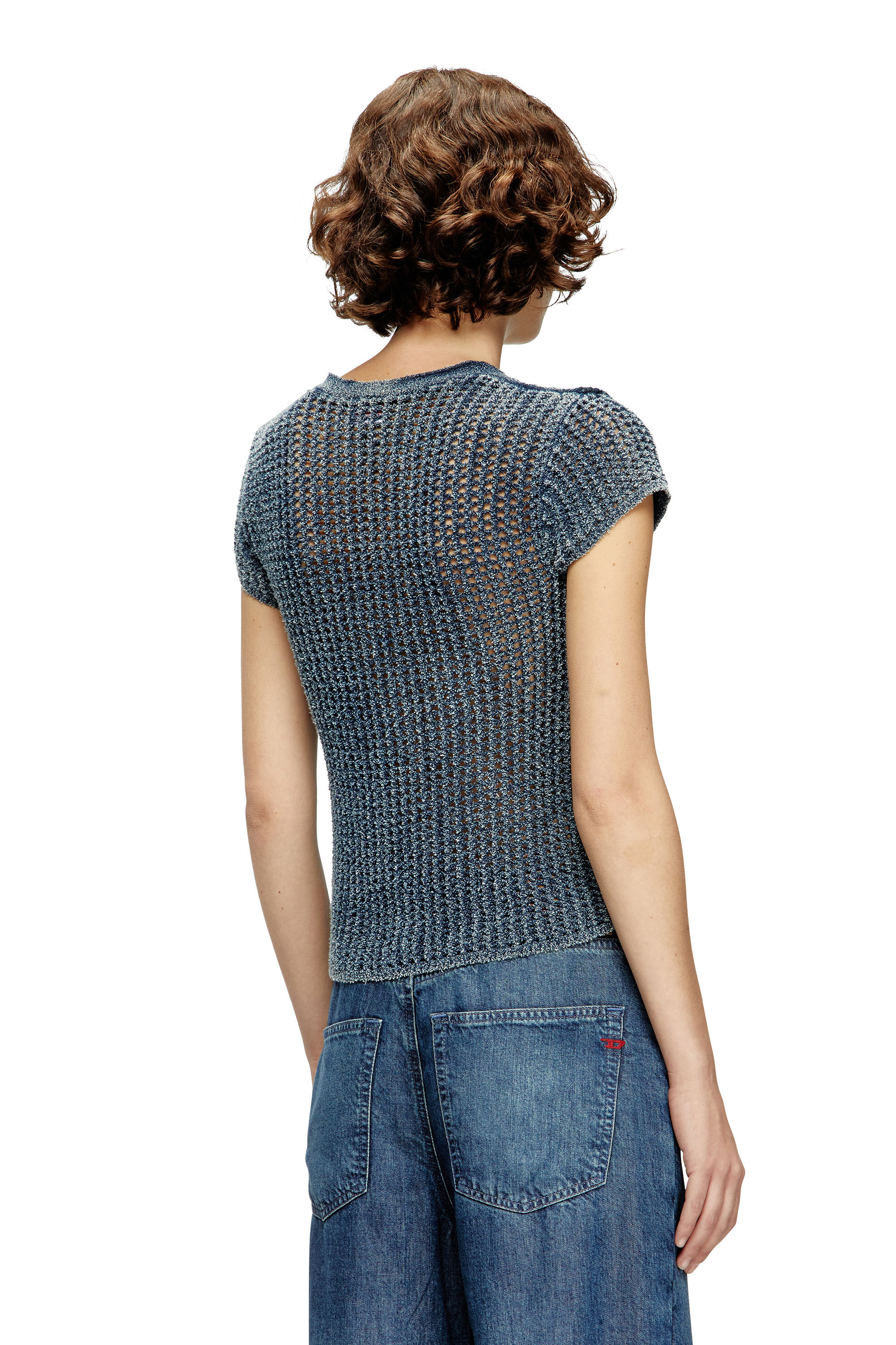 Diesel - M-REZ, Cardigan a maniche corte traforato in denim Donna in Blu - 4
