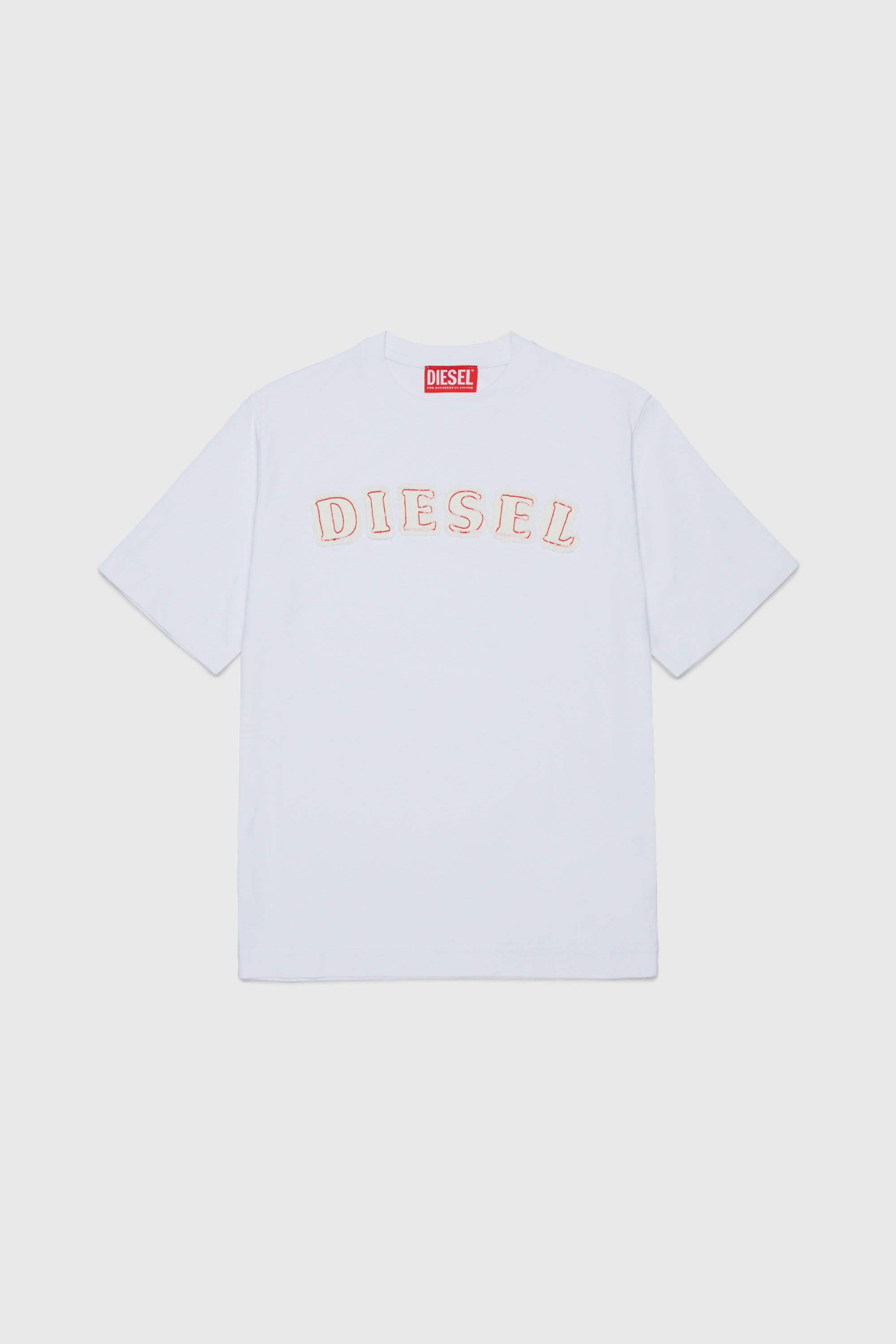 Diesel - TJEANS OVER, T-shirt in cotone con logo effetto sfrangiato Uomo in Bianco - 1