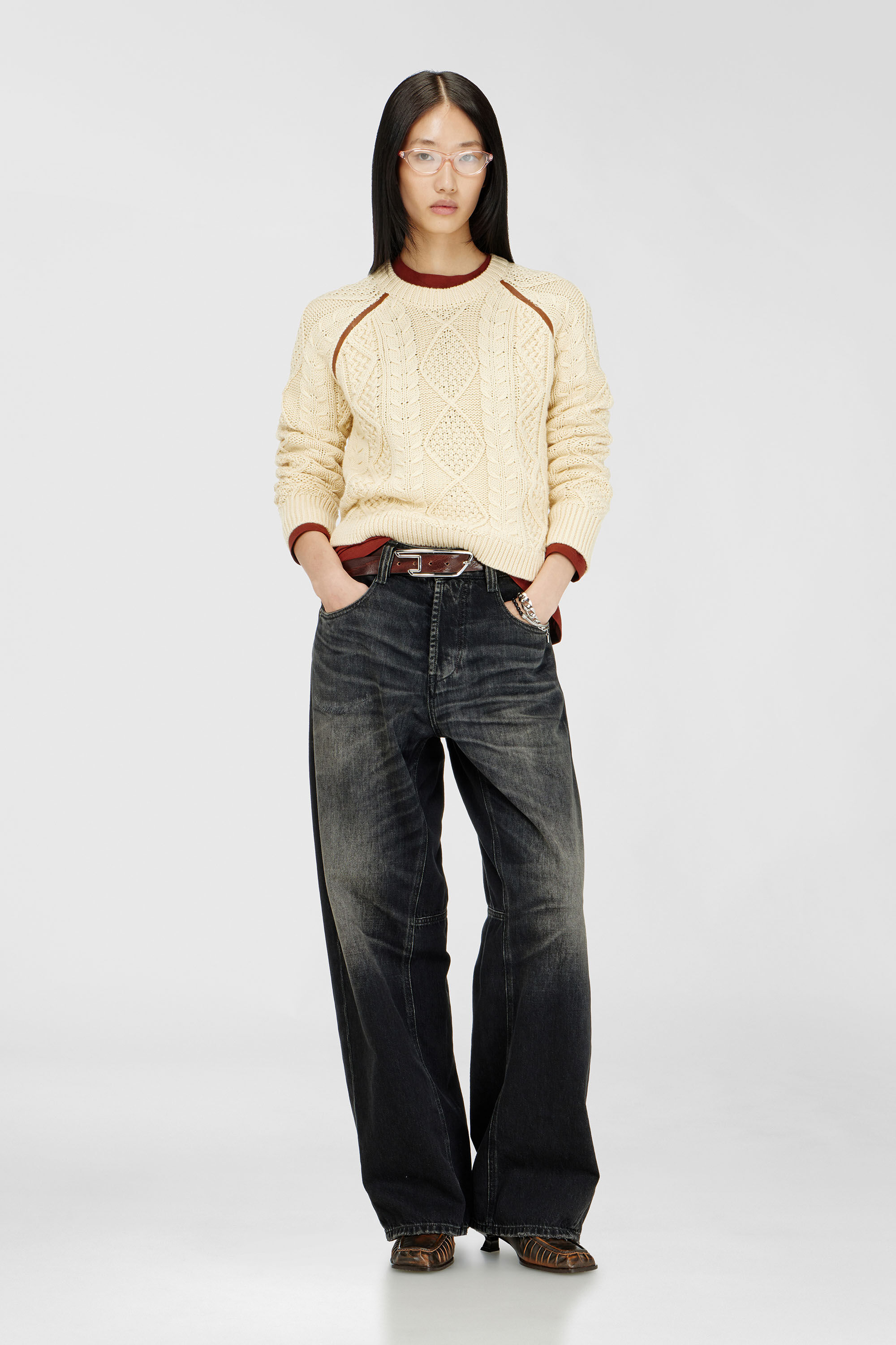 Diesel - M-INTANA, Maglione a trecce con bande a contrasto Donna in Beige - 1