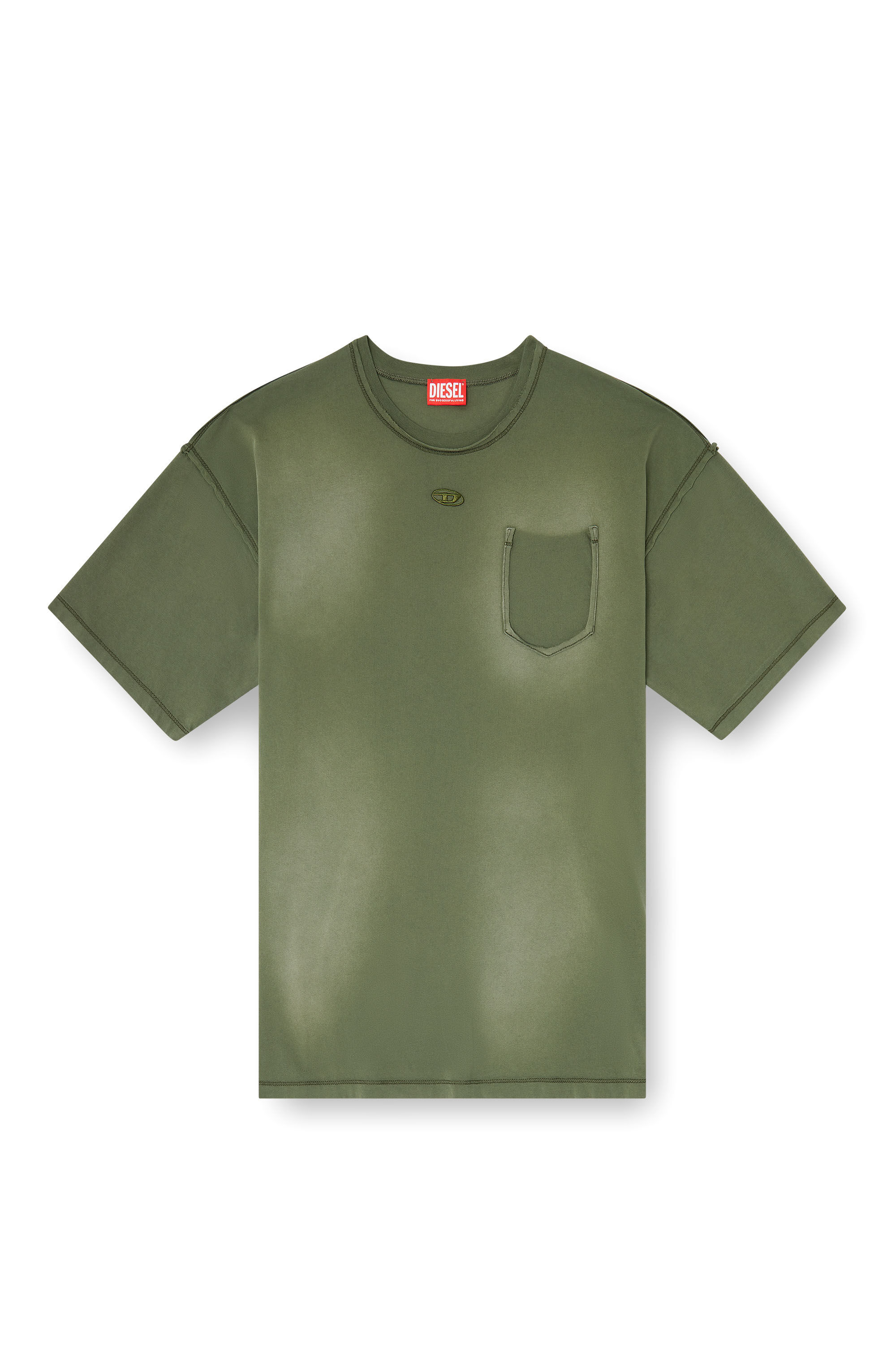 Diesel - T-POCK, T-shirt faded con taschino effetto ripped Uomo in Verde - 2