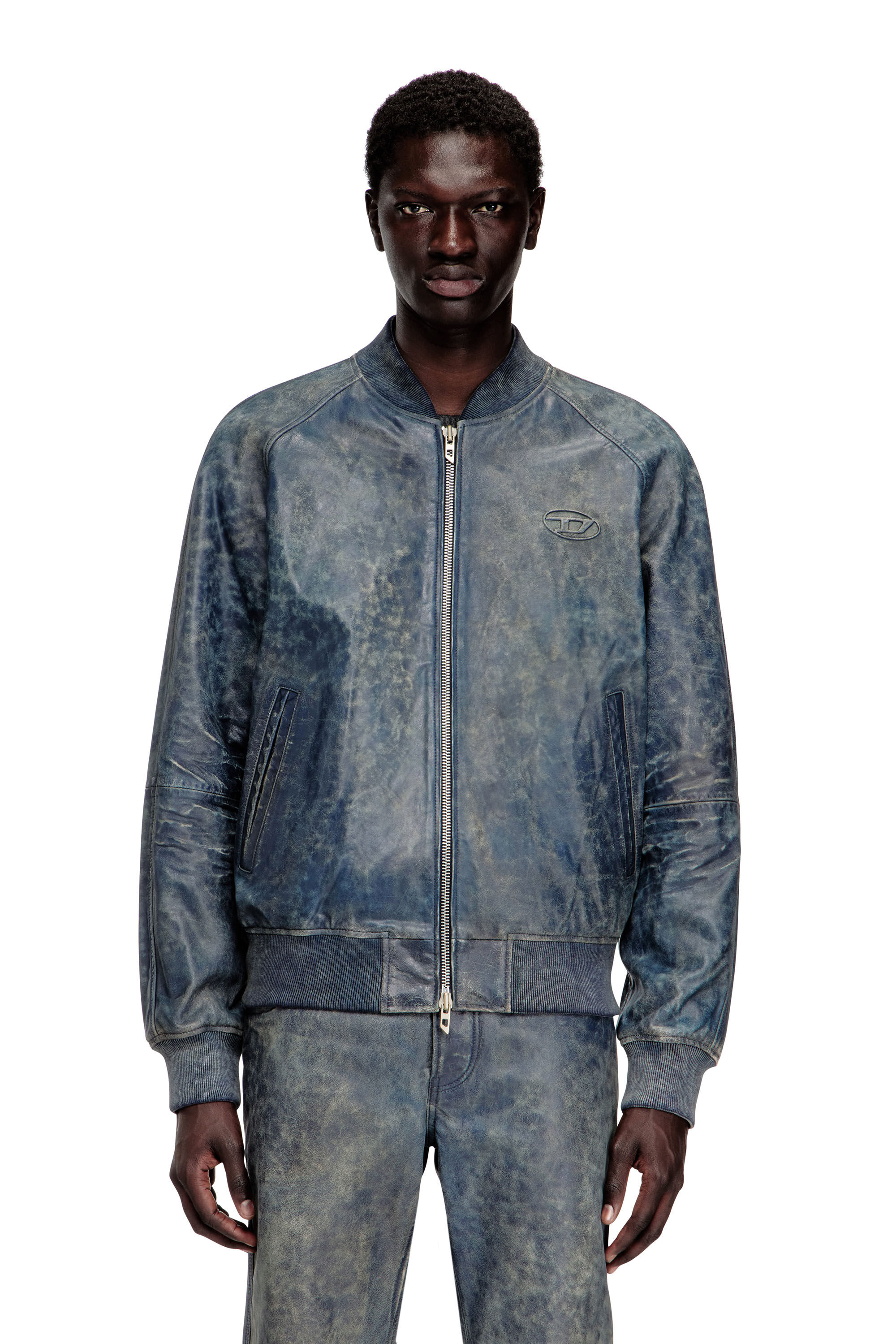 Diesel - L-COBB, Giacca bomber in pelle trattata Uomo in Blu - 3