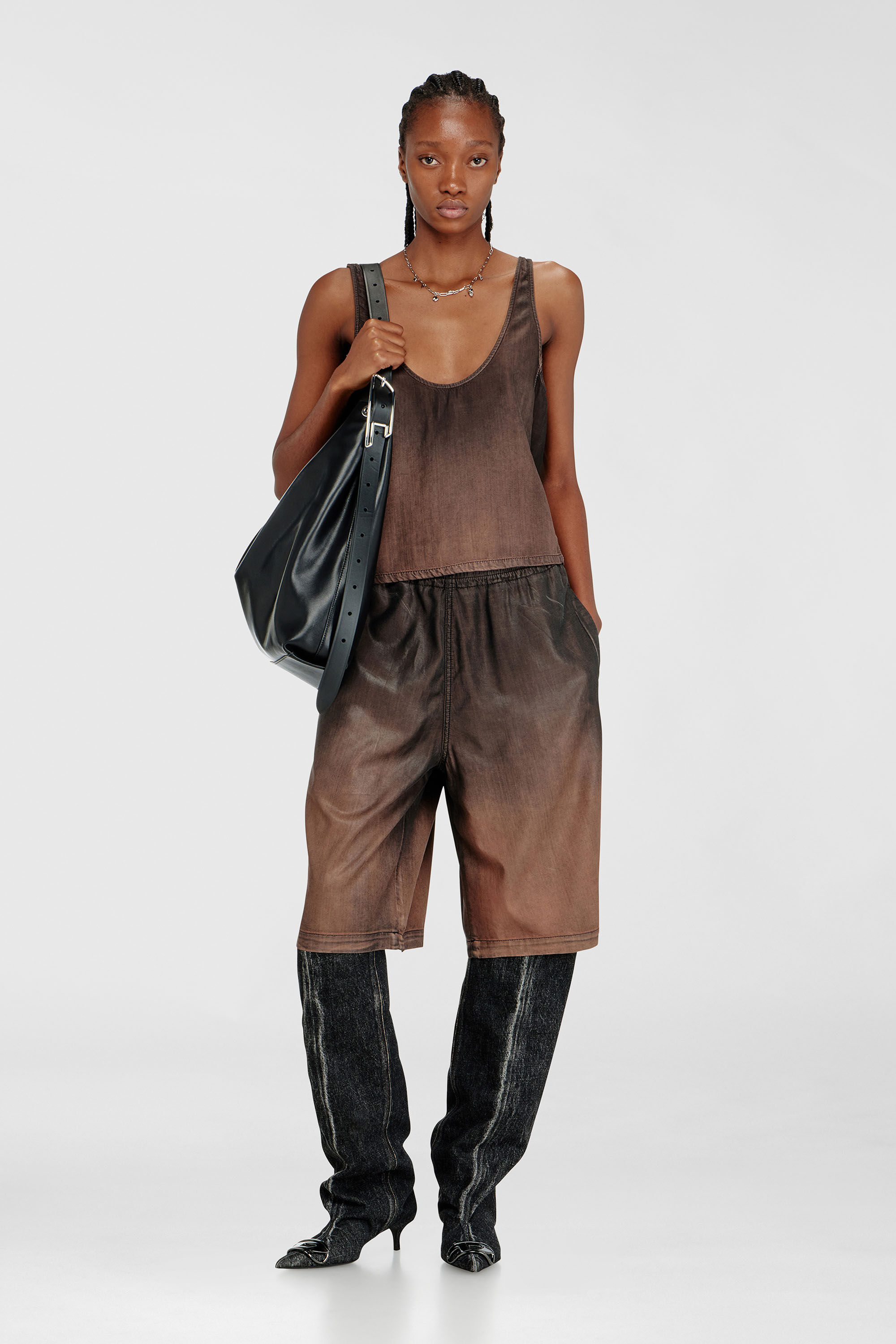 Diesel - DE-NORIAN-S, Canotta in denim fluido spalmato Donna in Marrone - 1