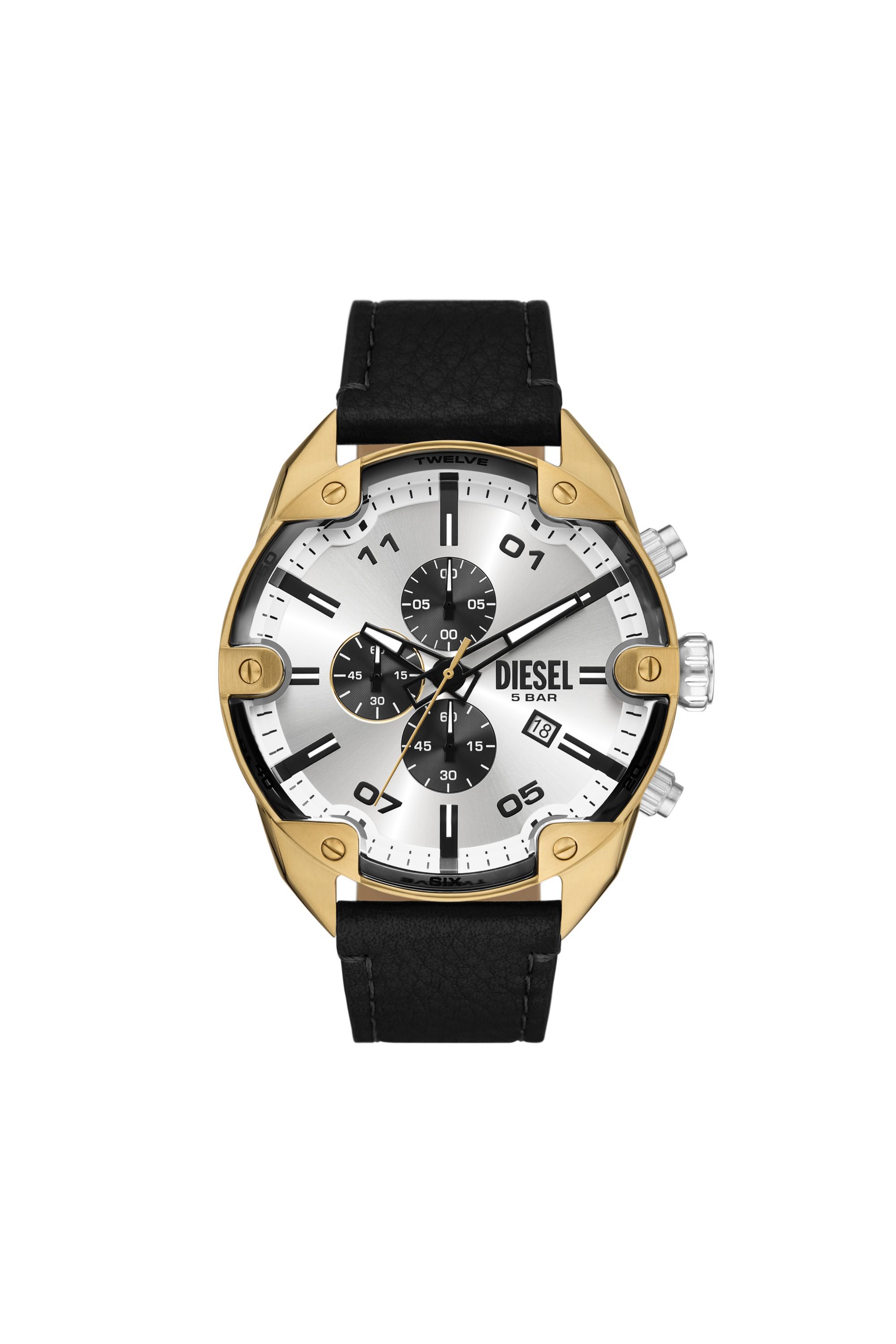 Men s Spiked Chronograph Black Leather Watch Black Diesel