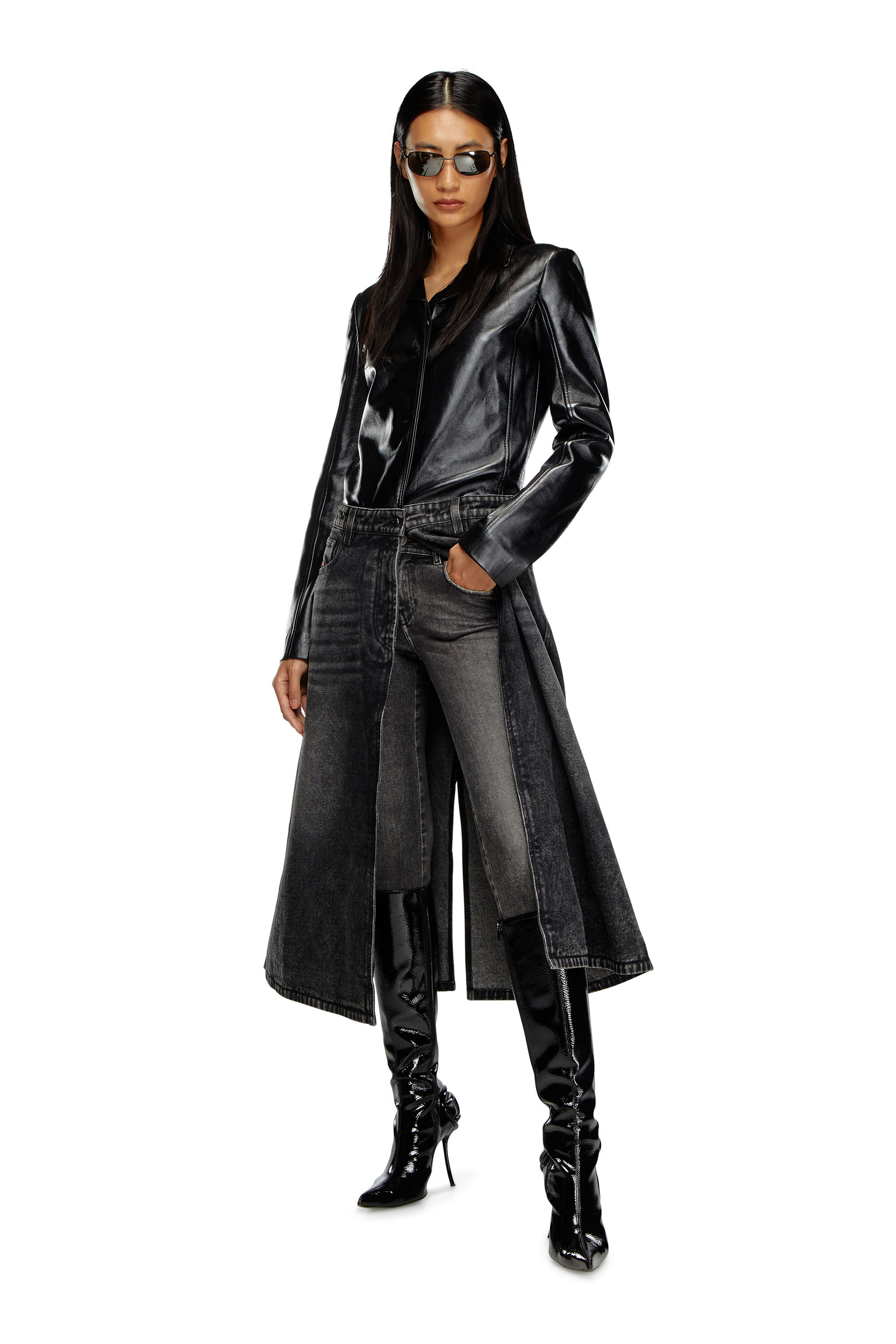 Cappotto ibrido in denim e pelle Donna Nero Diesel
