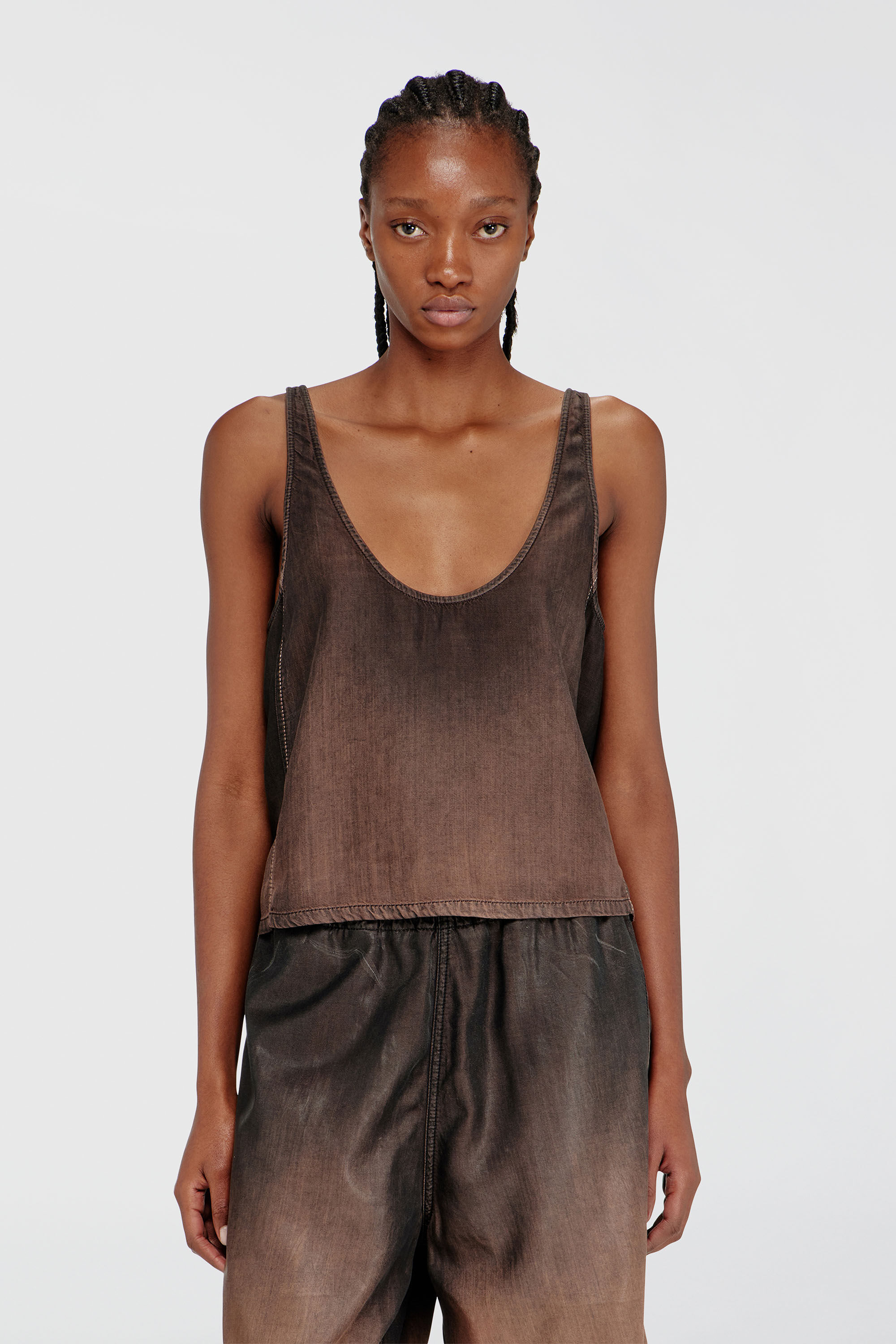 Diesel - DE-NORIAN-S, Canotta in denim fluido spalmato Donna in Marrone - 3