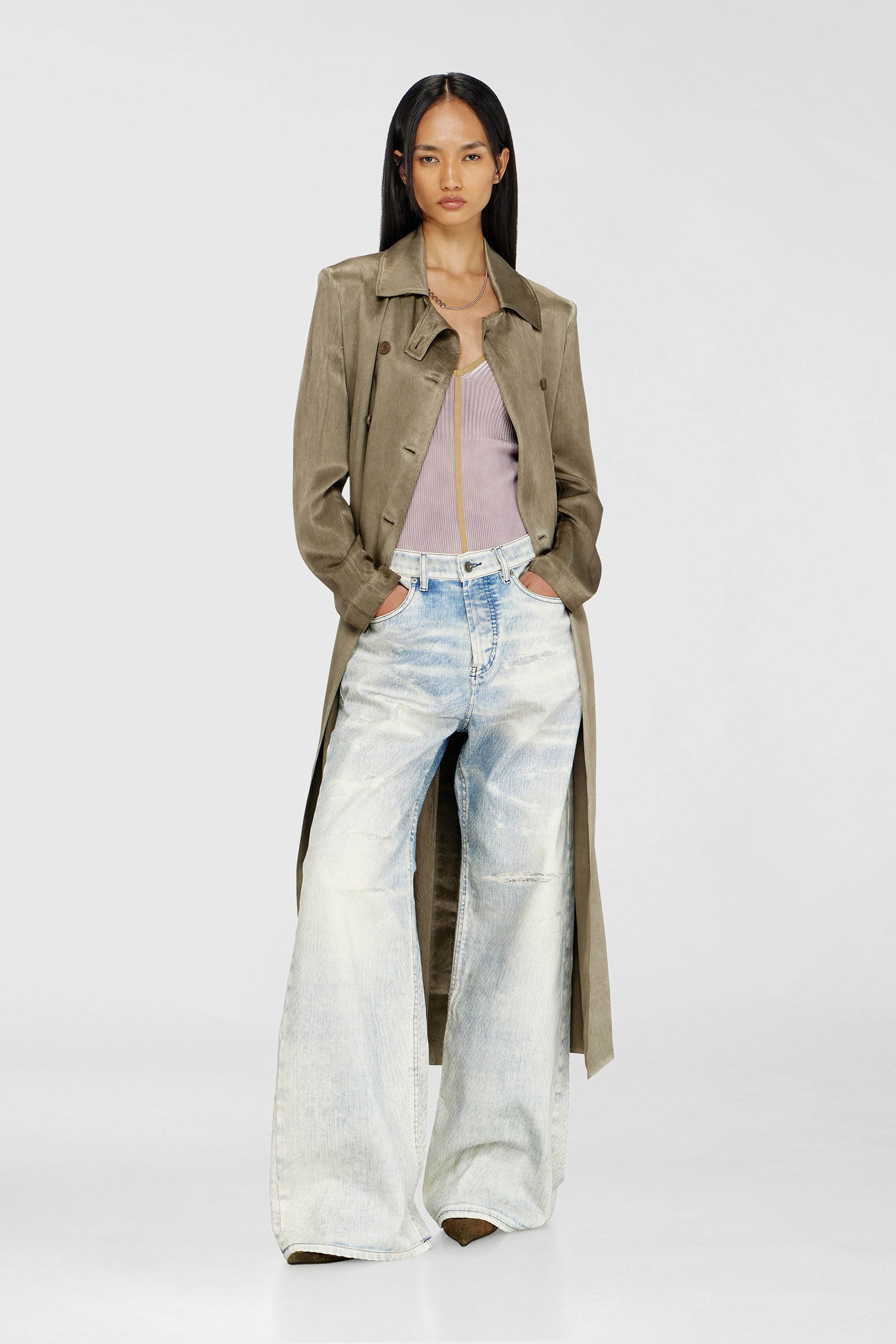 Diesel - G-LADES, Woman's Trench coat in wrinkled satin in Light Brown - 3