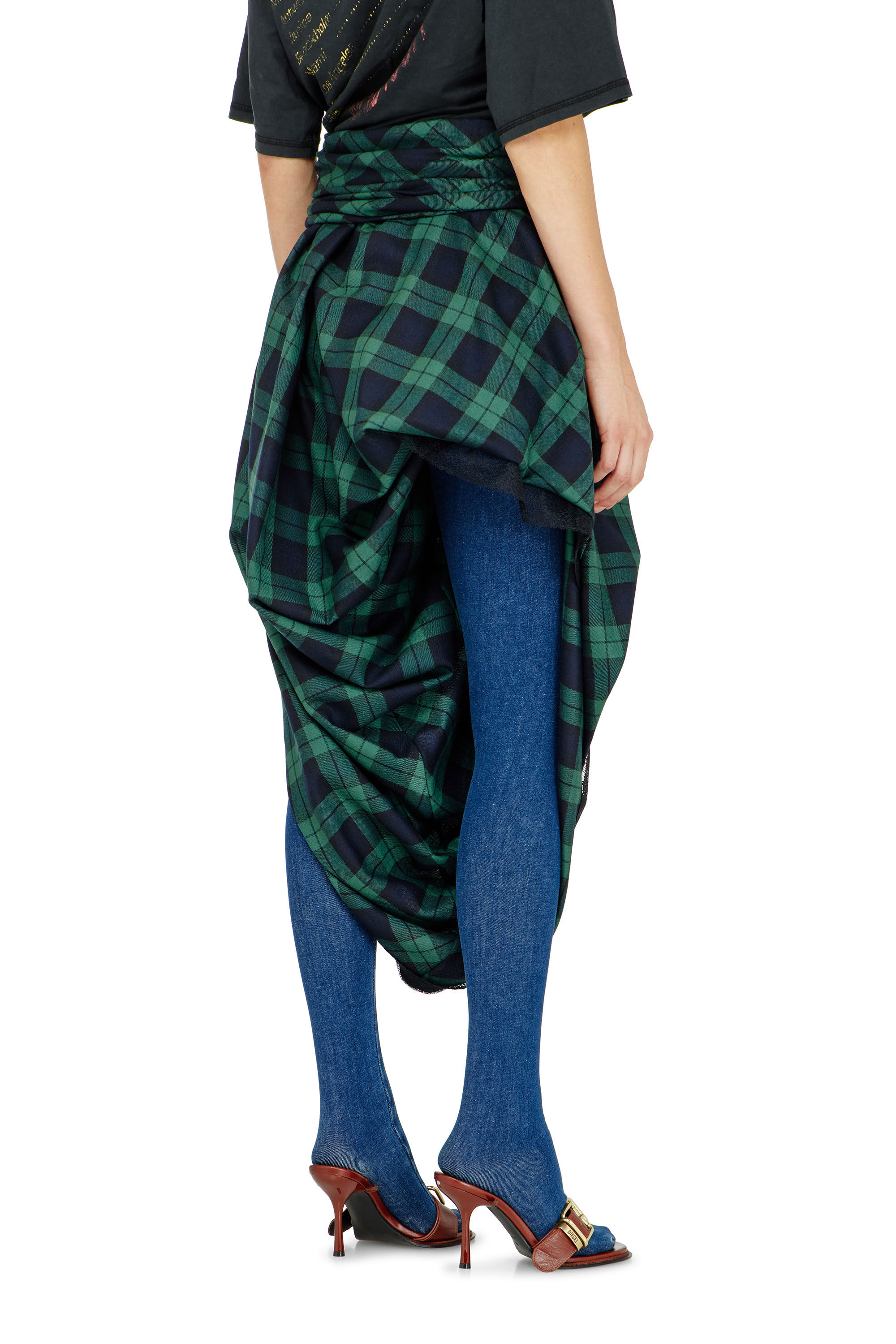 Diesel - O-WINNY, Gonna midi tartan drappeggiata con bordo in pizzo Donna in ToBeDefined - 3