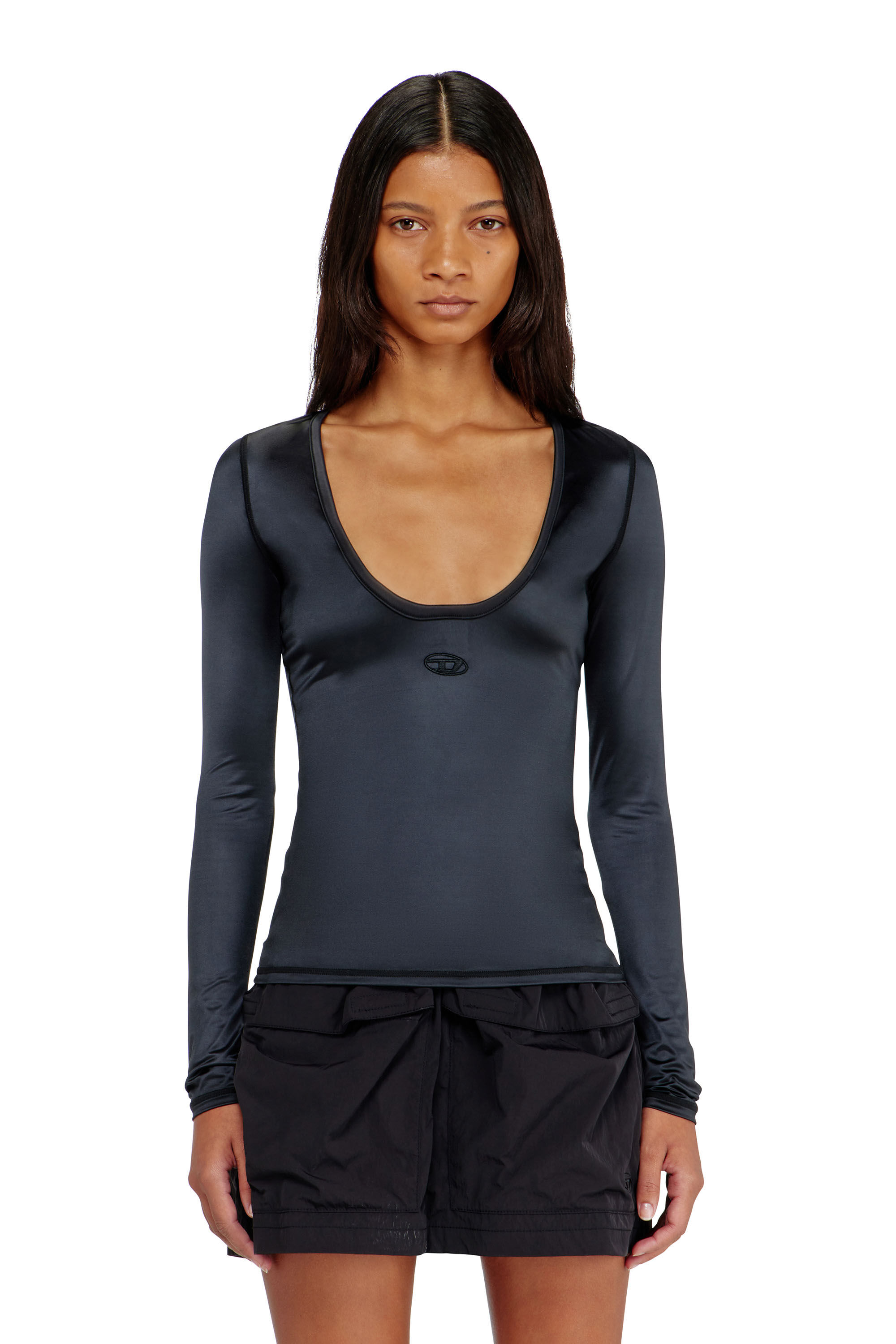 Diesel - T-ELPHIN-LS, Top slim in nylon con scollo rotondo e ricamo Logo Oval D Donna in Nero - 3