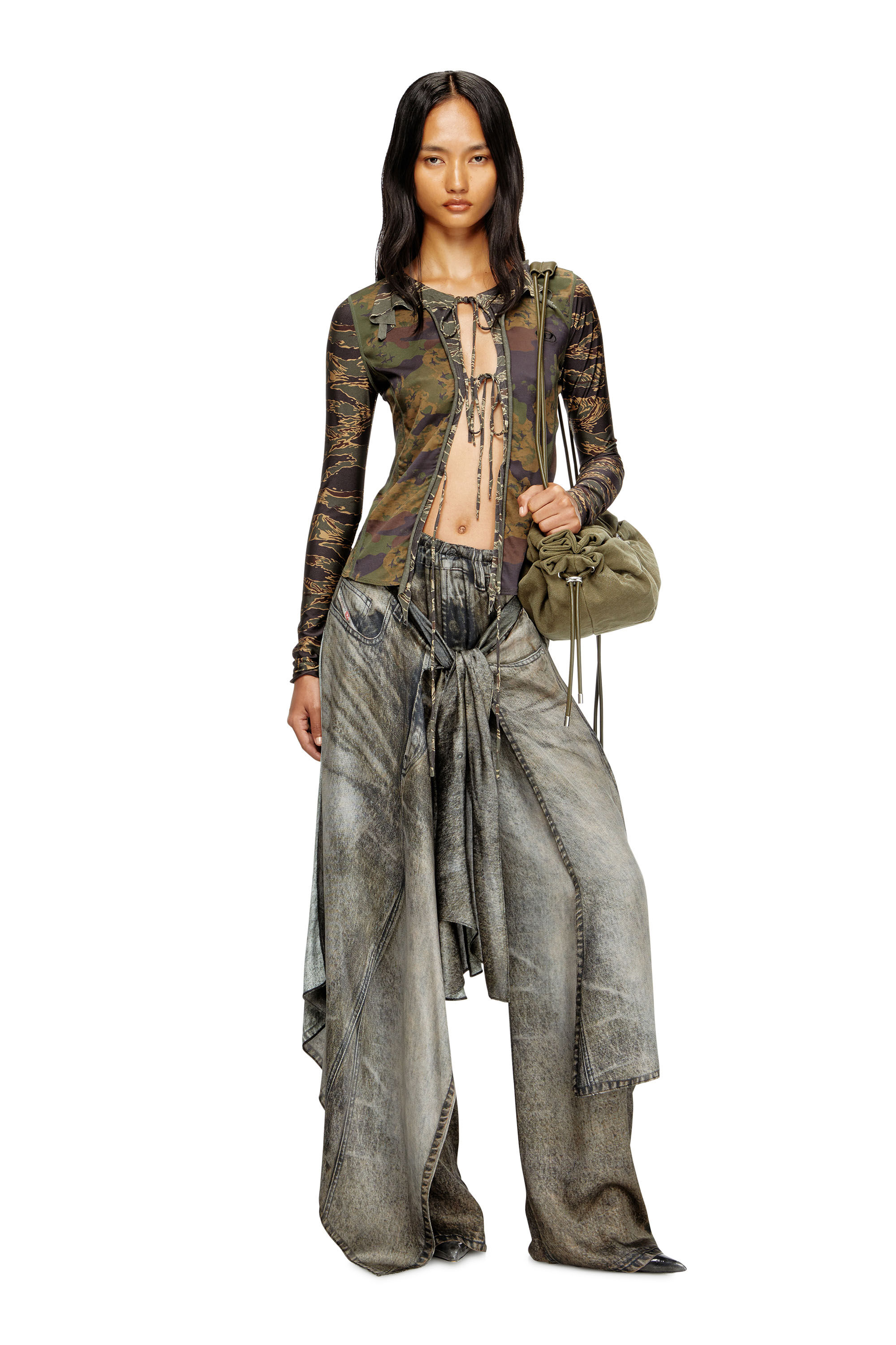 Diesel - T-AFRY, Cardican con lacci e stampe camouflage Donna in Verde - 1