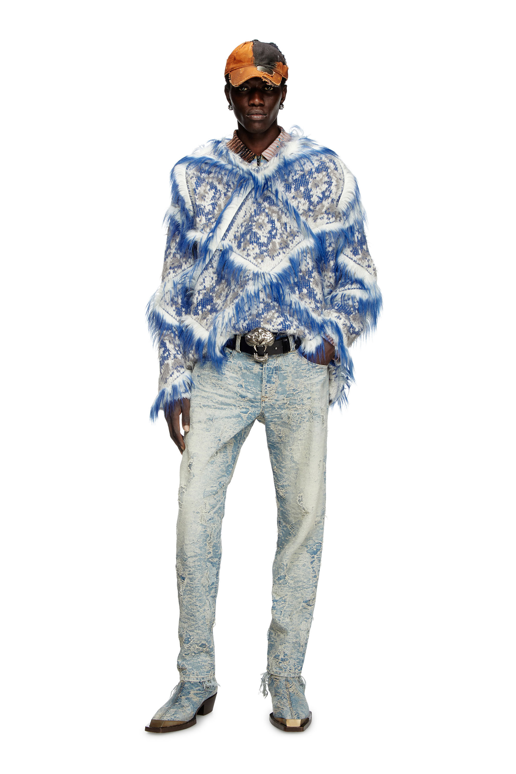 Diesel - K-OTELLO, Maglia a rombi con bordi fuzzy Uomo in Blu - 1