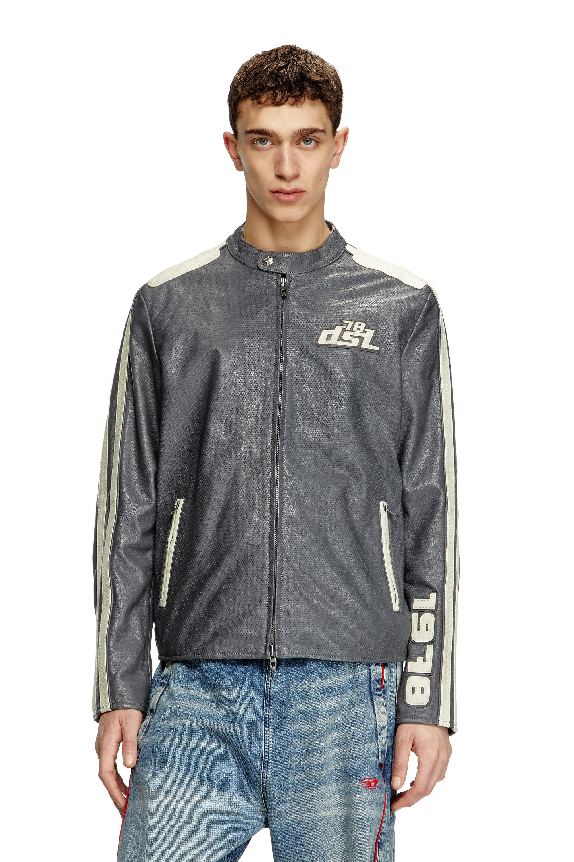 Diesel - L-POP, Giacca biker in pelle traforata Unisex in Grigio - 3