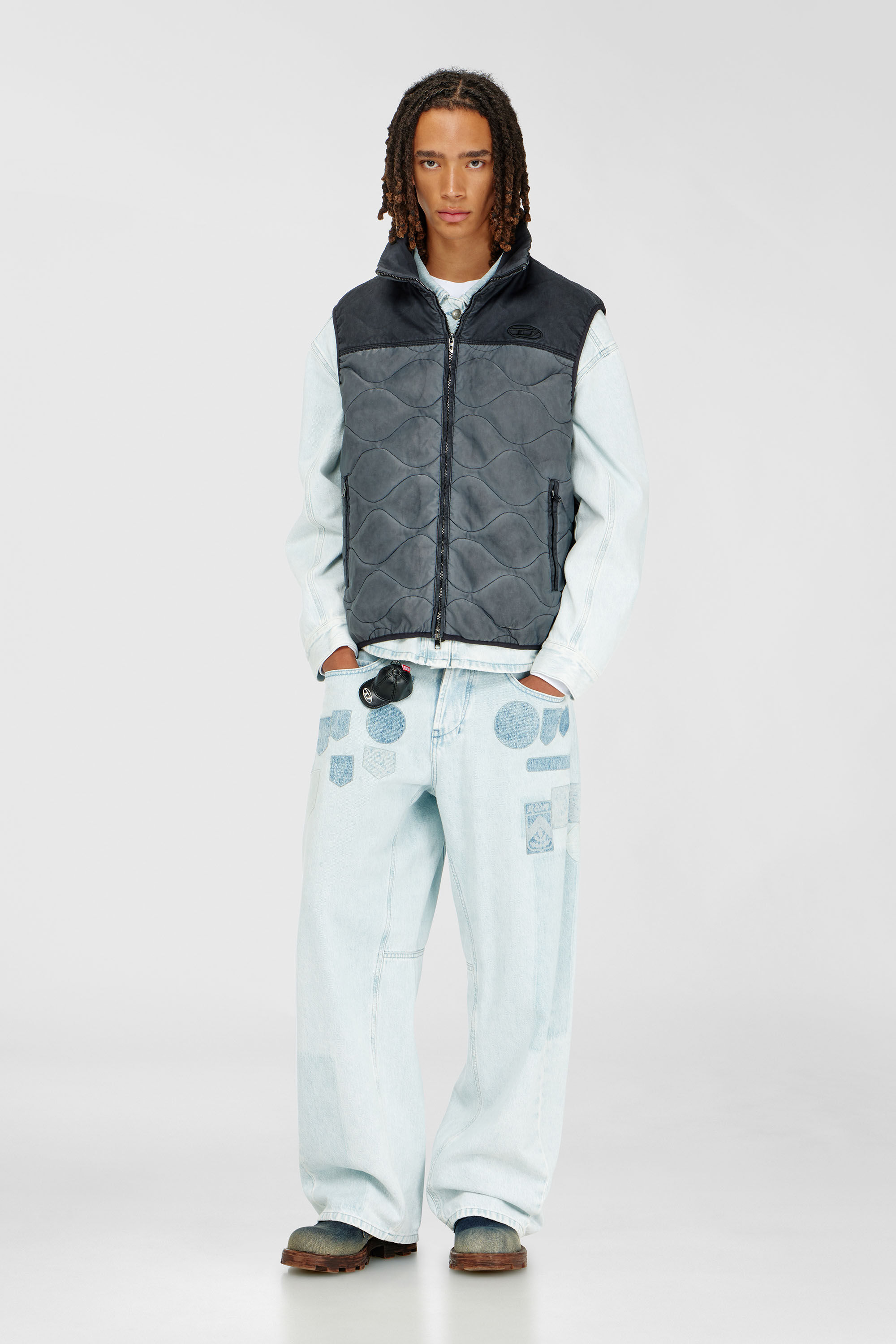 Diesel - J-ALVAR, Man's Quilted vest with fluffy neck lining in Dark grey - 1