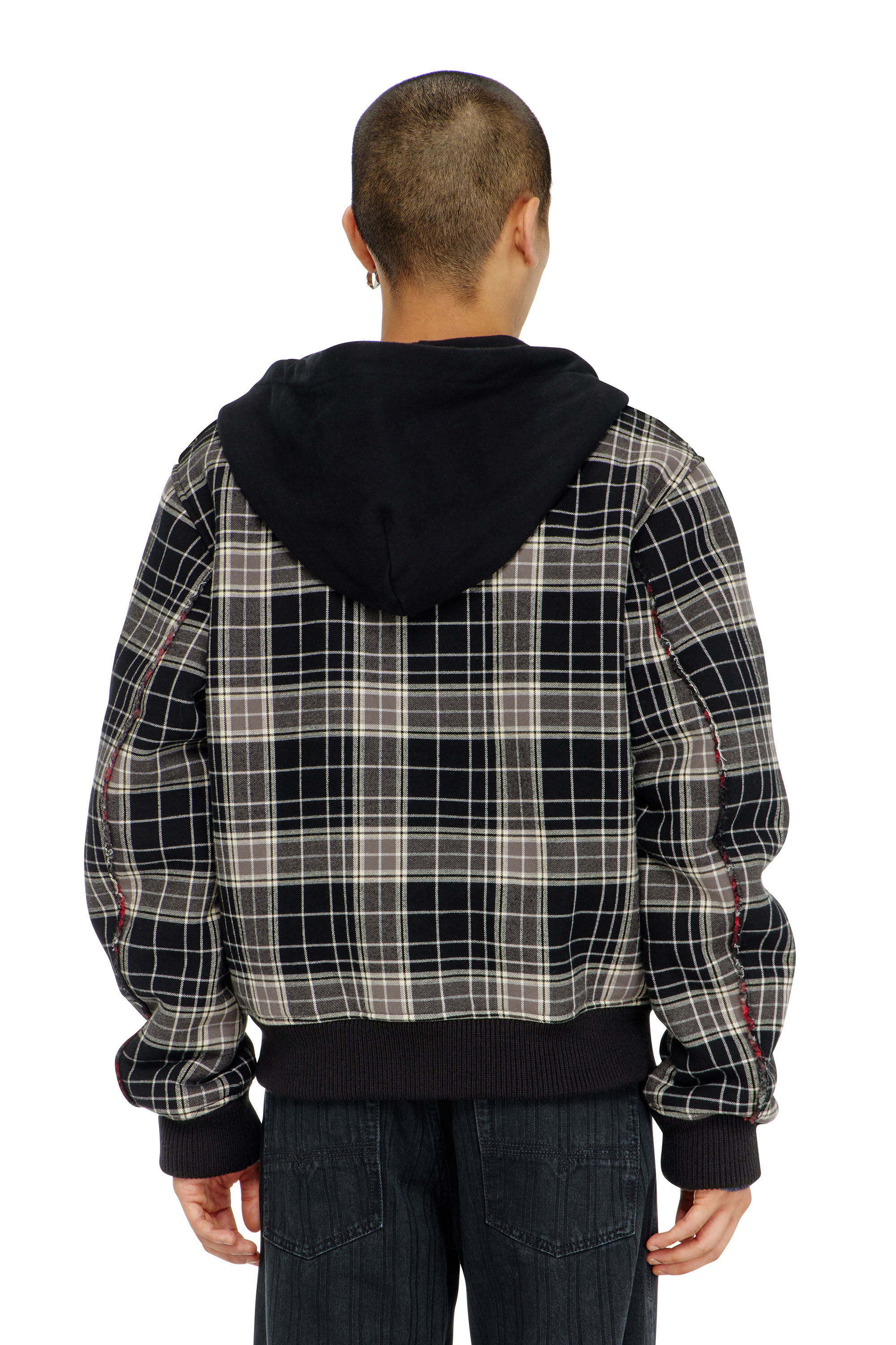 Diesel - W-KUNST, Man's Check-flannel bomber jacket with teddy interior in Grey/Black - 4