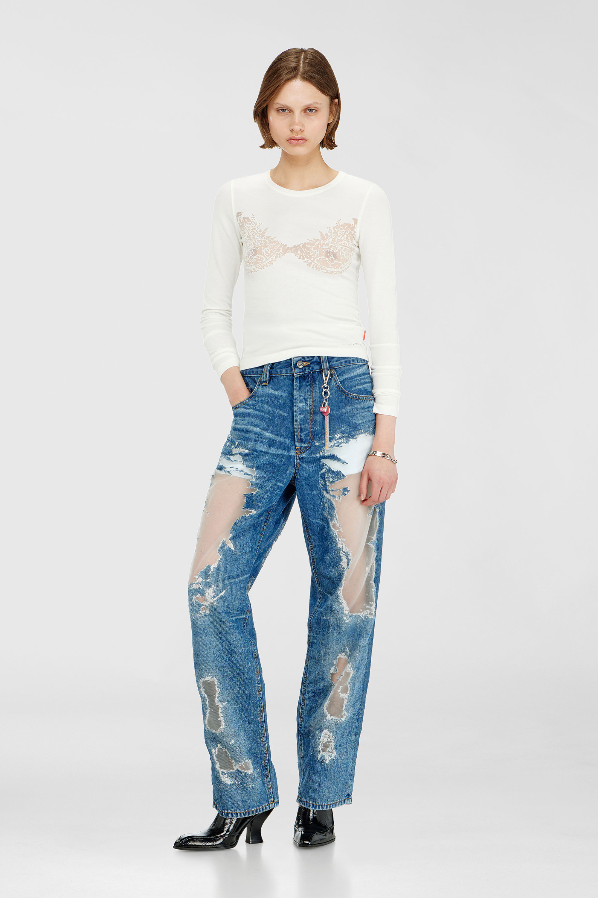 Diesel - PR-T-MOKKI-LS-R, Top con effetto pizzo devor&eacute; Donna in Bianco - 1