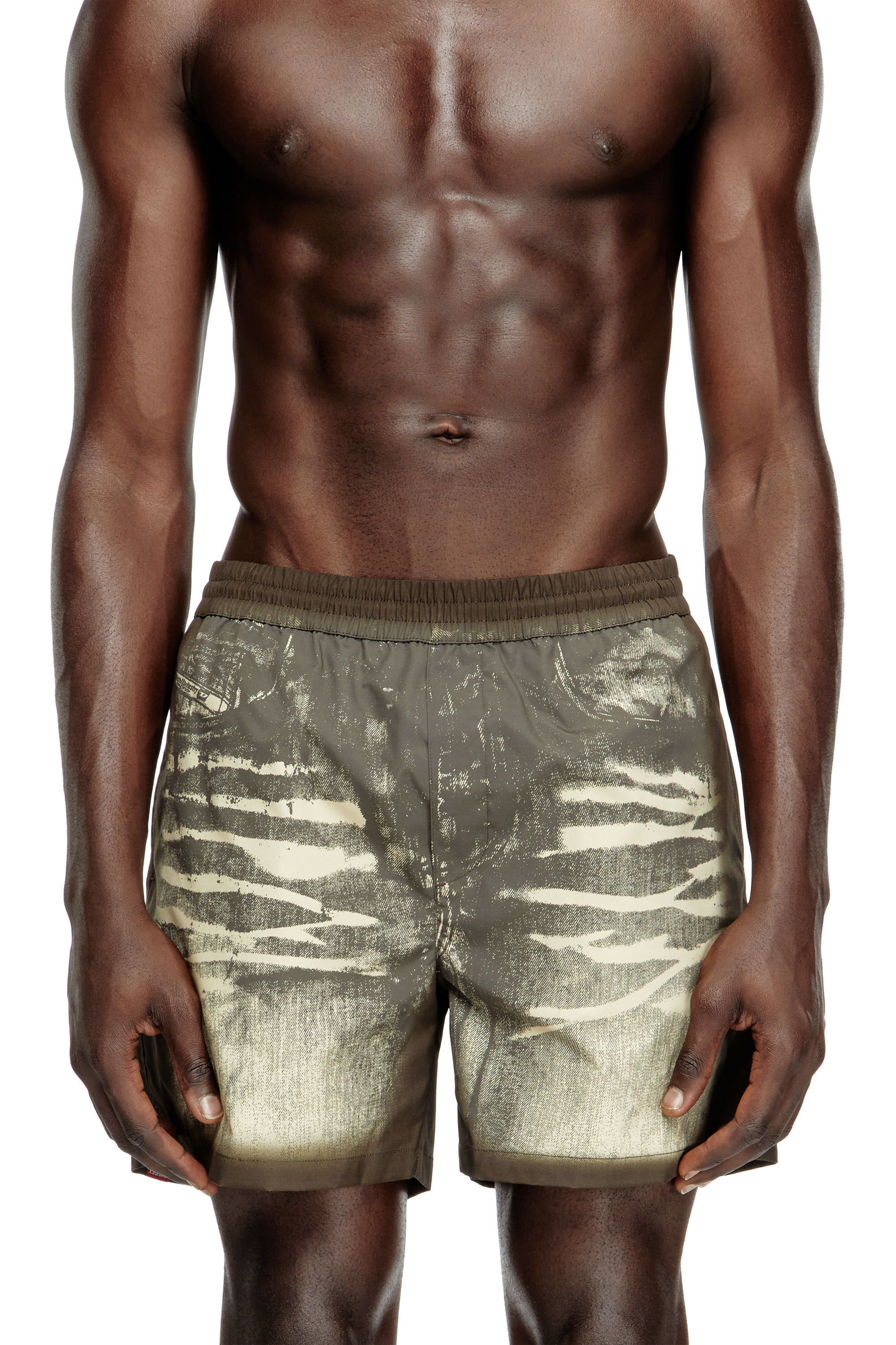 Diesel - RIO-41-DNM, Pantaloncini da mare con stampa denim Uomo in Marrone - 1