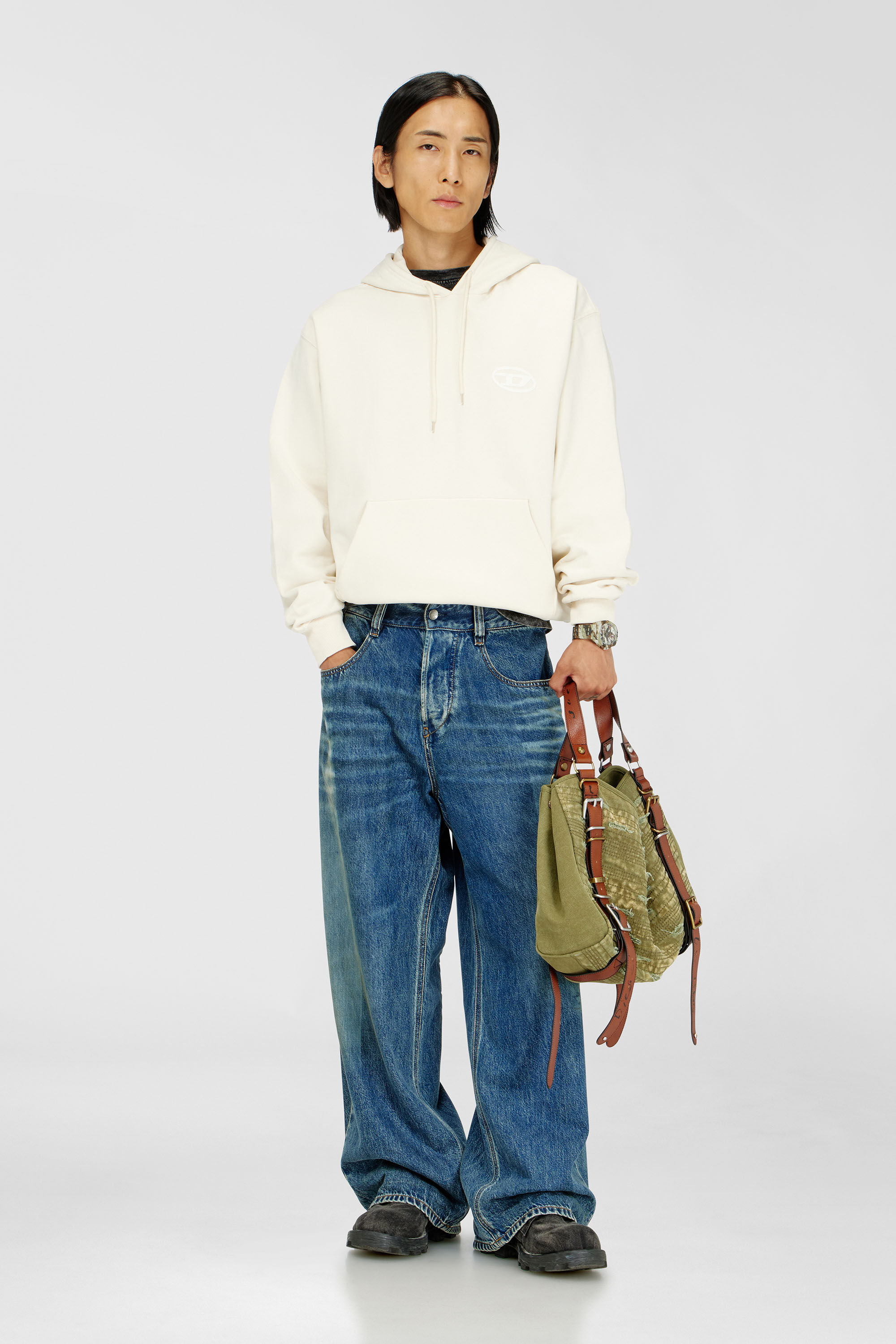 Diesel - S-LUK-H-T92, Felpa con cappuccio in cotone con ricamo Oval D tono su tono Uomo in Bianco - 1