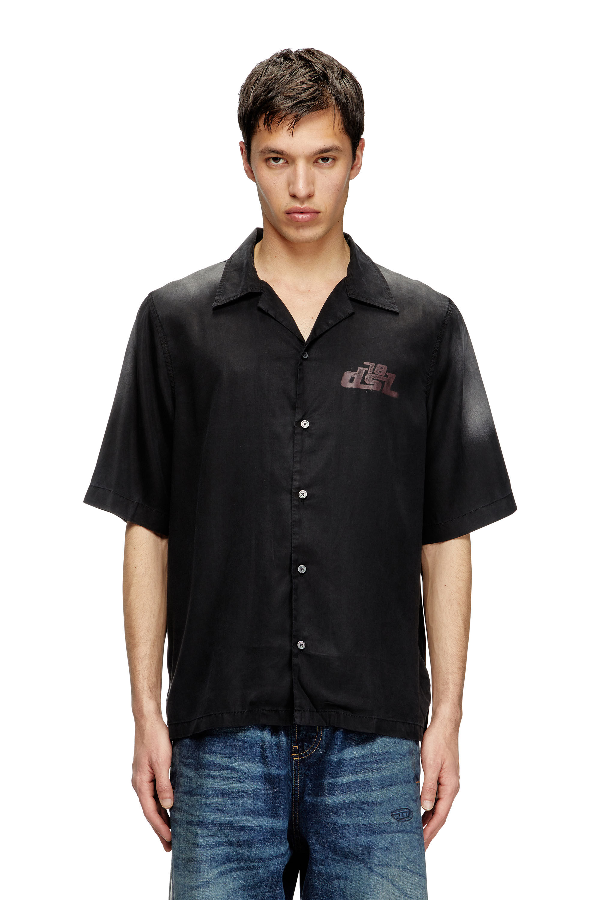 Diesel - S-ELLY, Camicia bowling sfumata con stampe logo Uomo in Nero - 3