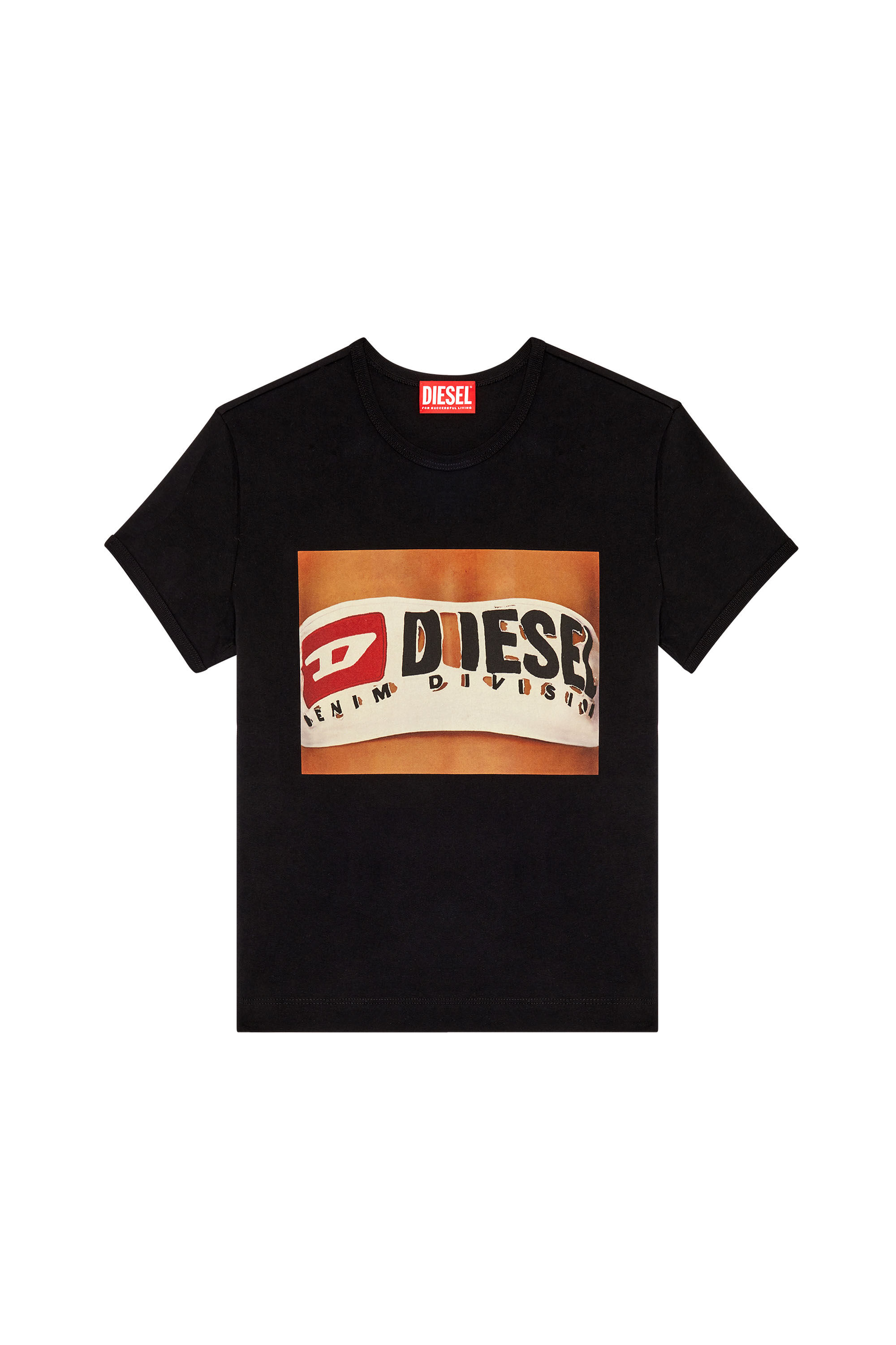 Diesel - T-UNCUTIE-LONG-N17, Woman's T-shirt with Diesel bandeau print in Black - 1
