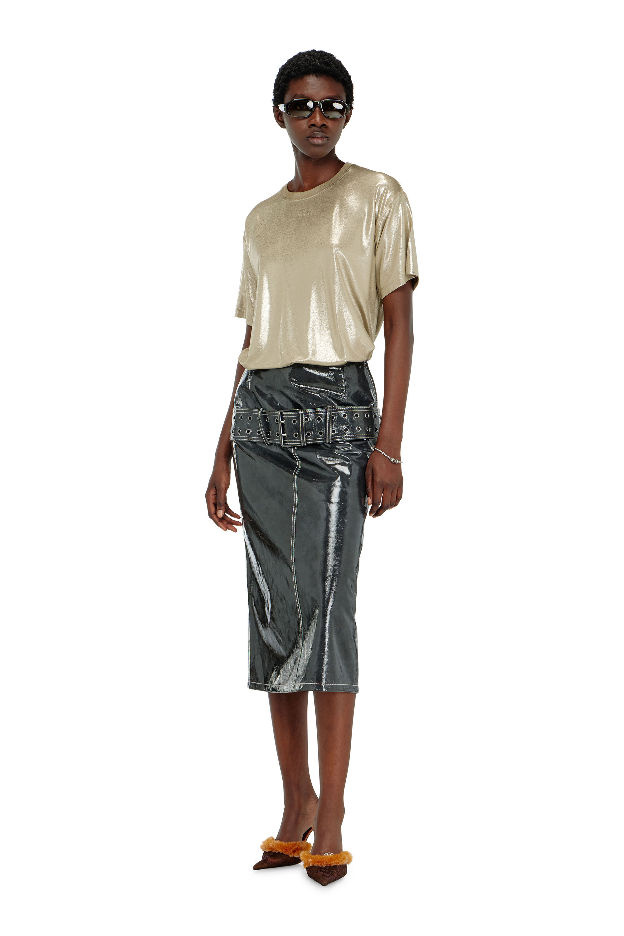 Diesel - T-NORMY-AA2, T-shirt in jersey con finitura metallizzata Donna in Beige - 1