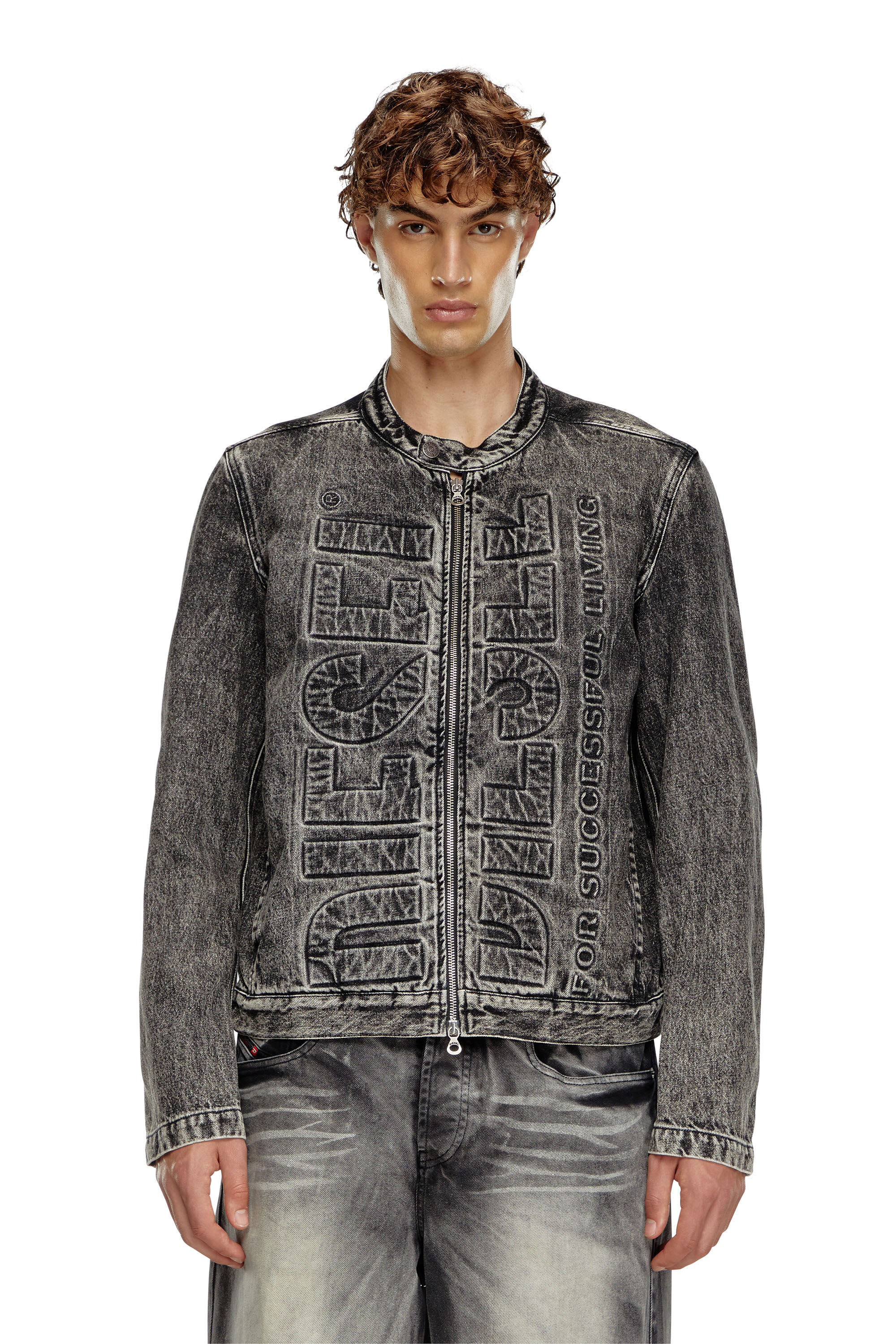 Giacca stile moto in denim con logo a rilievo Uomo Nero Diesel