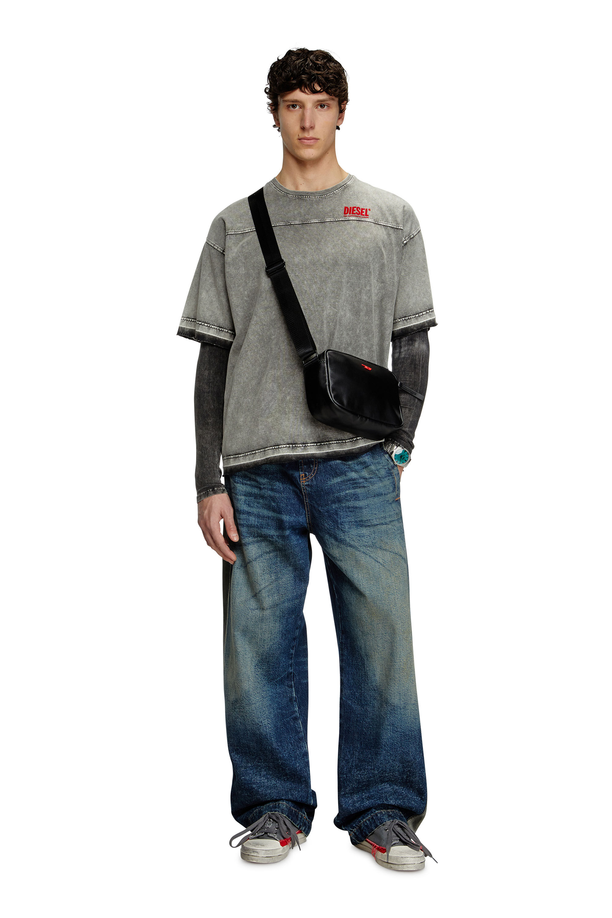 Diesel - T-HOXT, T-shirt effetto denim con orli scuciti Uomo in Grigio - 1