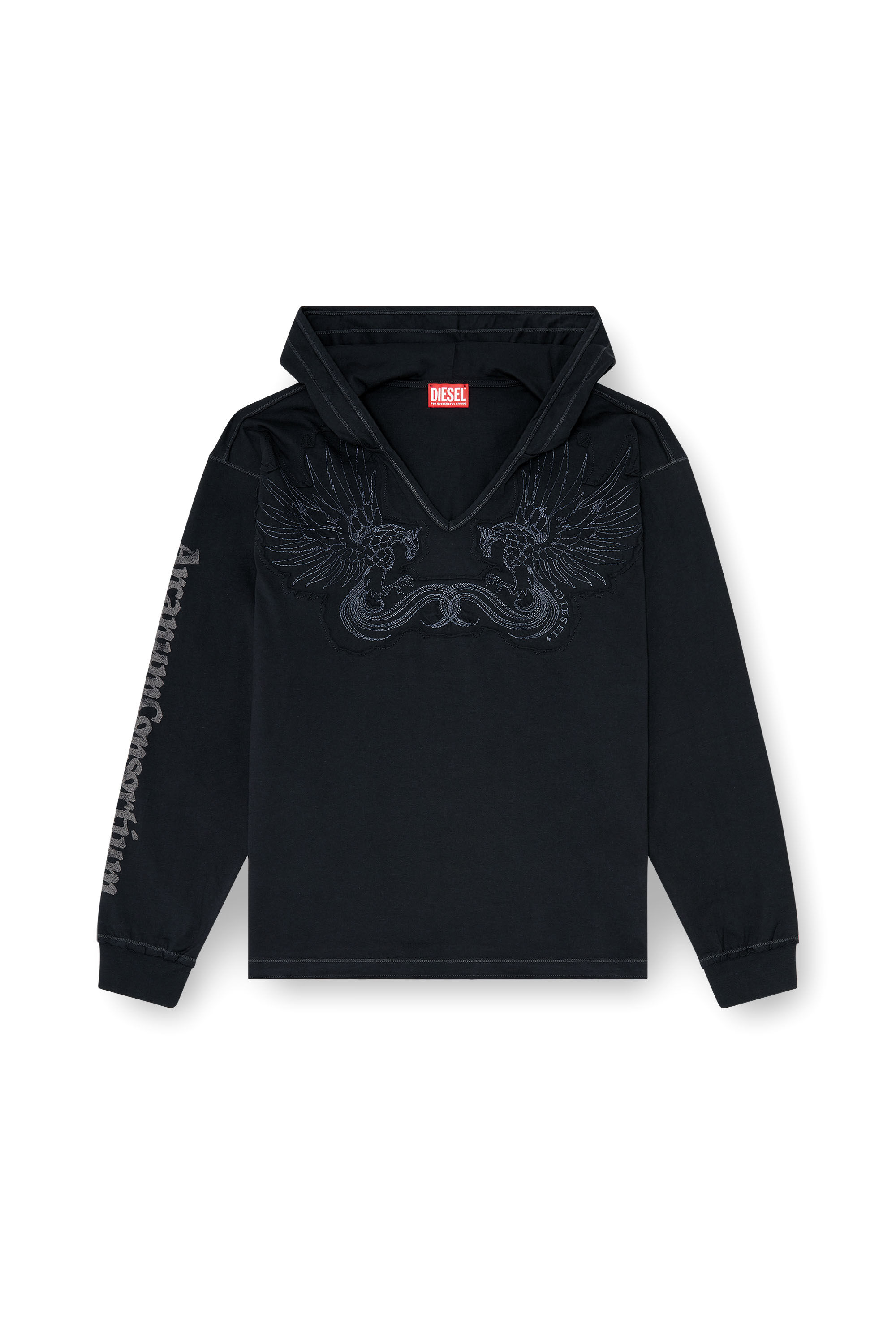 Diesel - T-PHEN-LS-HOOD-RIB, Hoodie con scollo a V e ricamo frontale Uomo in Nero - 2