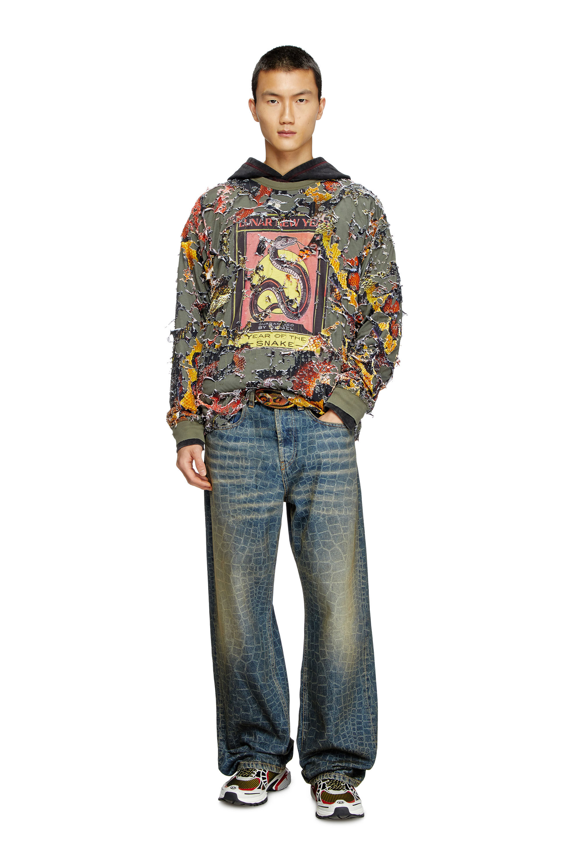 Diesel - CL-T-BOXT-LS-DEVOR-SNAKE, T-shirt a maniche lunghe destroyed stampa snake Unisex in Verde - 1