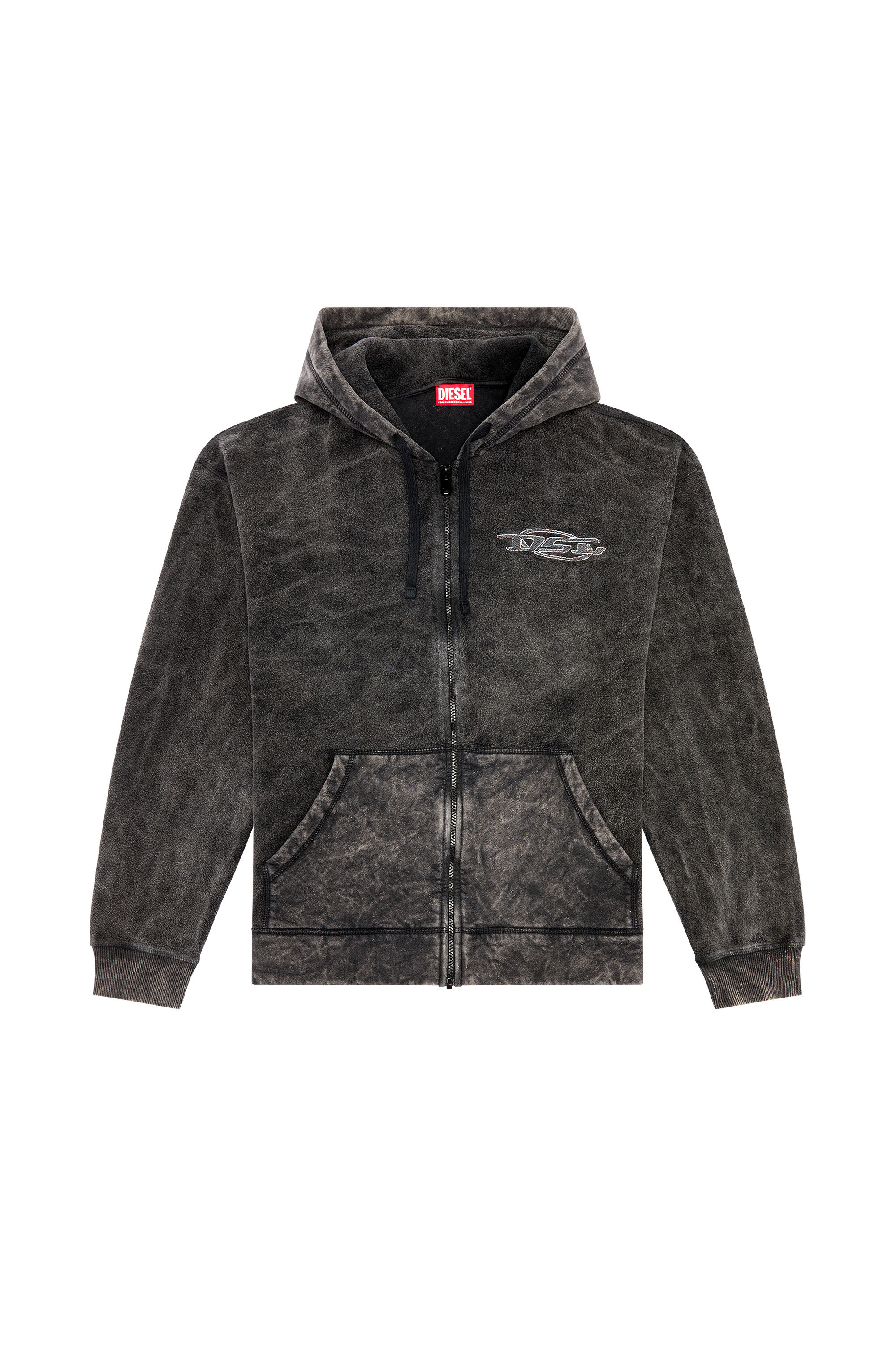 Diesel - S-ORS-HOOD-ZIP, Hoodie zip in teddy con effetto marmorizzato Uomo in Nero - 2