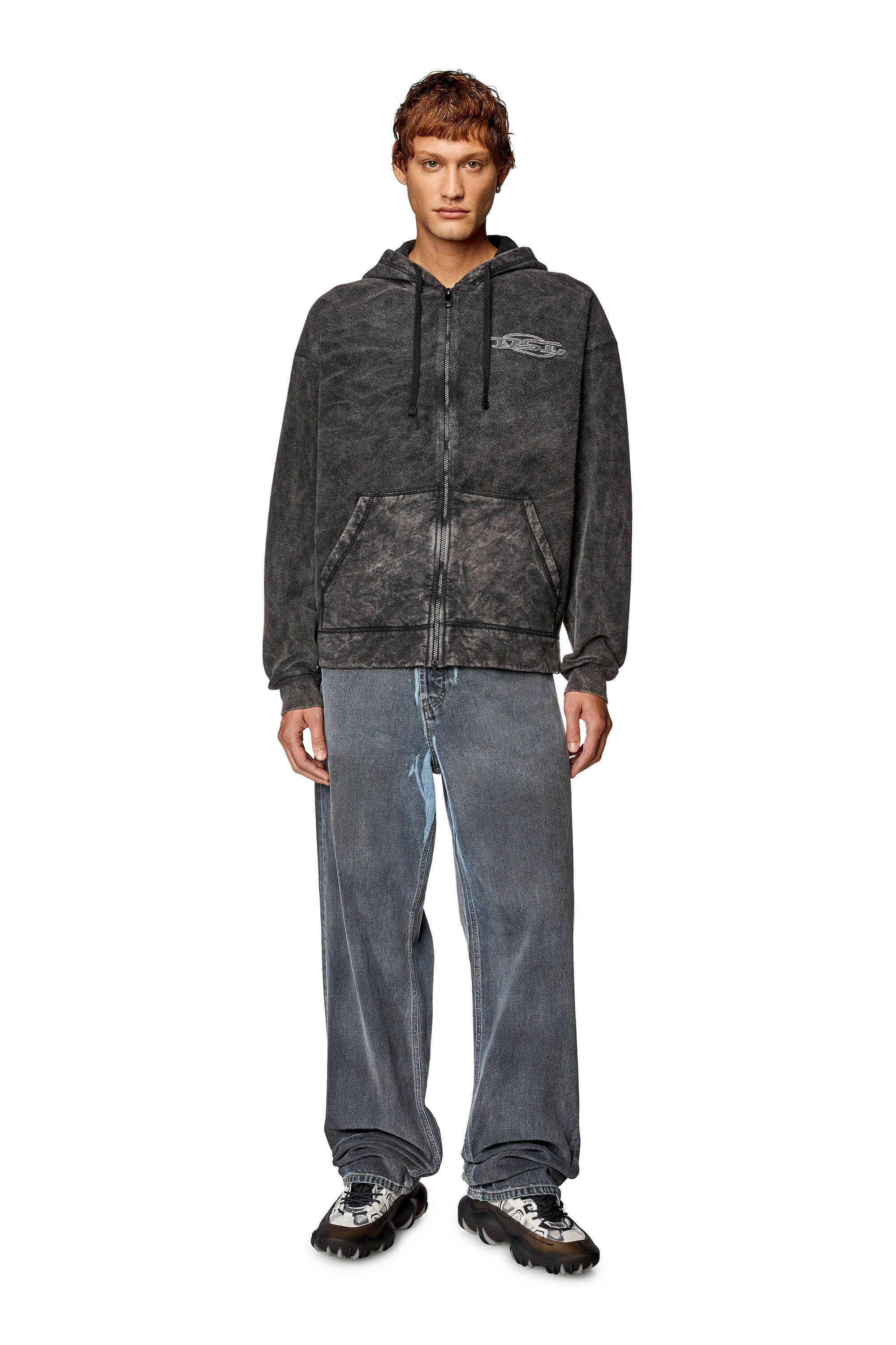 Diesel - S-ORS-HOOD-ZIP, Hoodie zip in teddy con effetto marmorizzato Uomo in Nero - 1