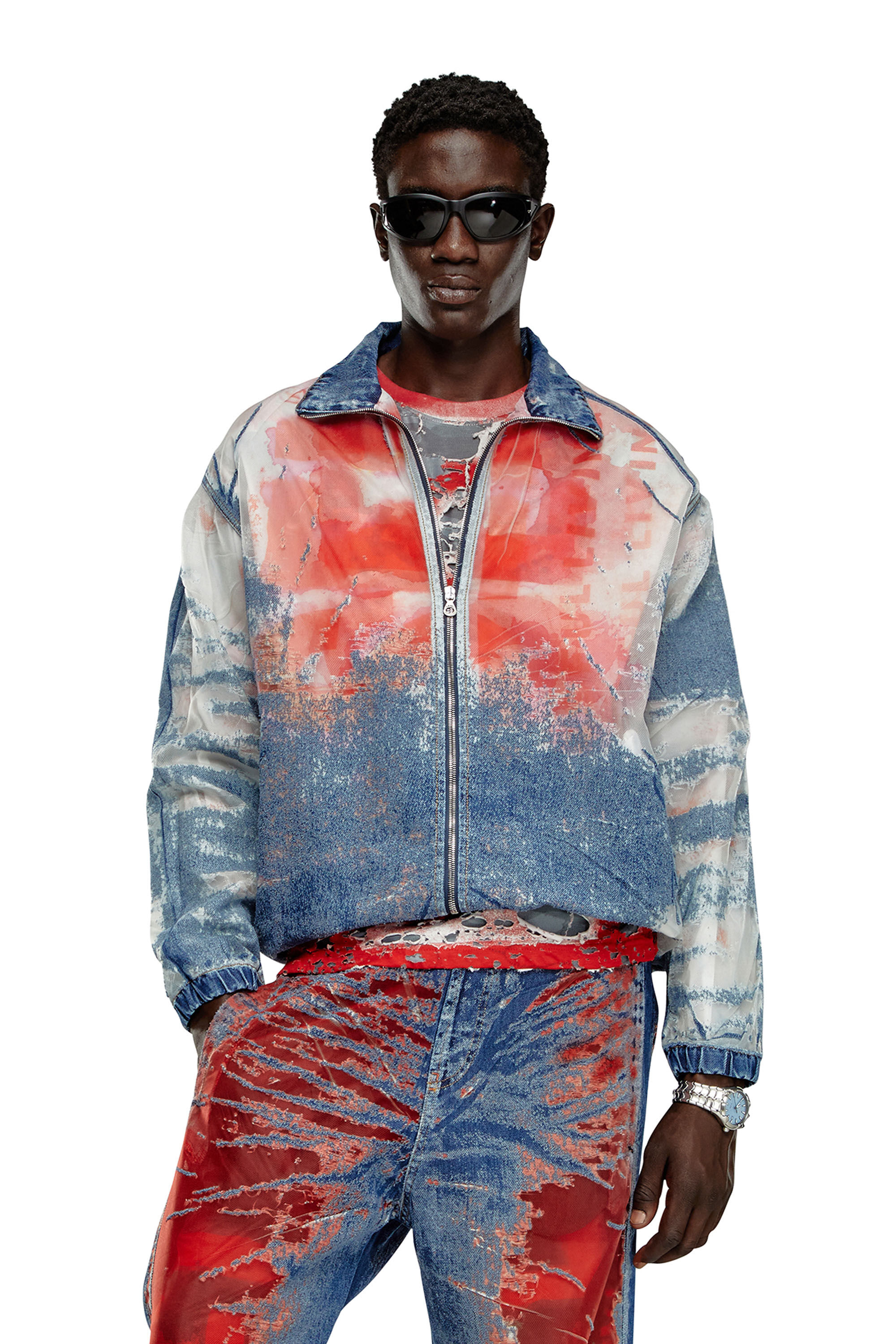 d*4様 archive diesel flare sleeve jacket Men's Jacket in devoré denim with logo | Multicolor | Diesel