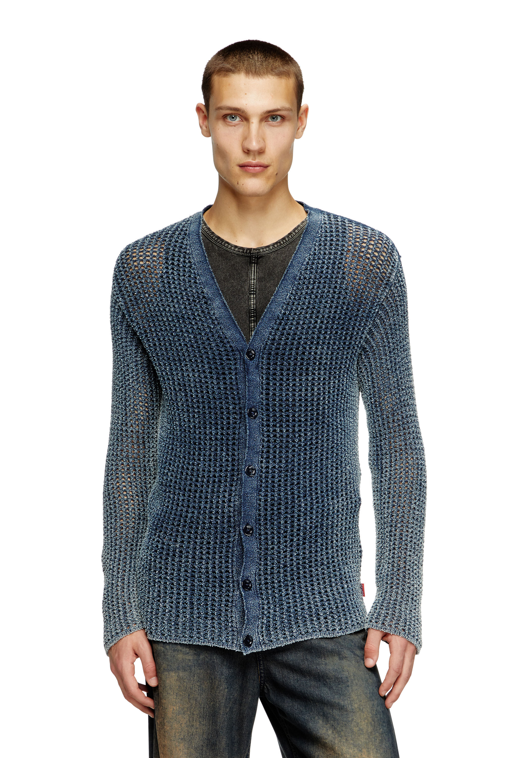 Diesel - K-REDRAM, Cardigan traforato in filato denim Uomo in Blu - 3