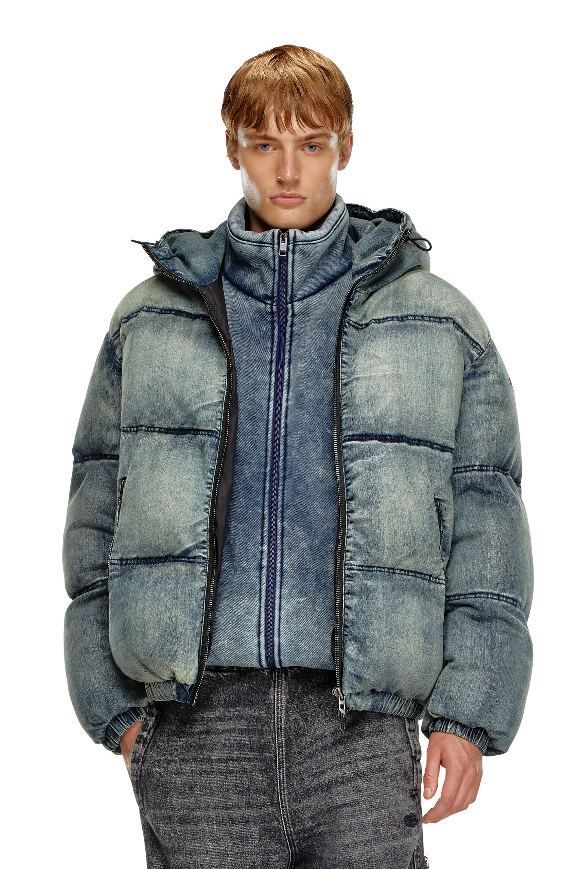 Men's Puffer jacket in treated denim | Blue | Diesel