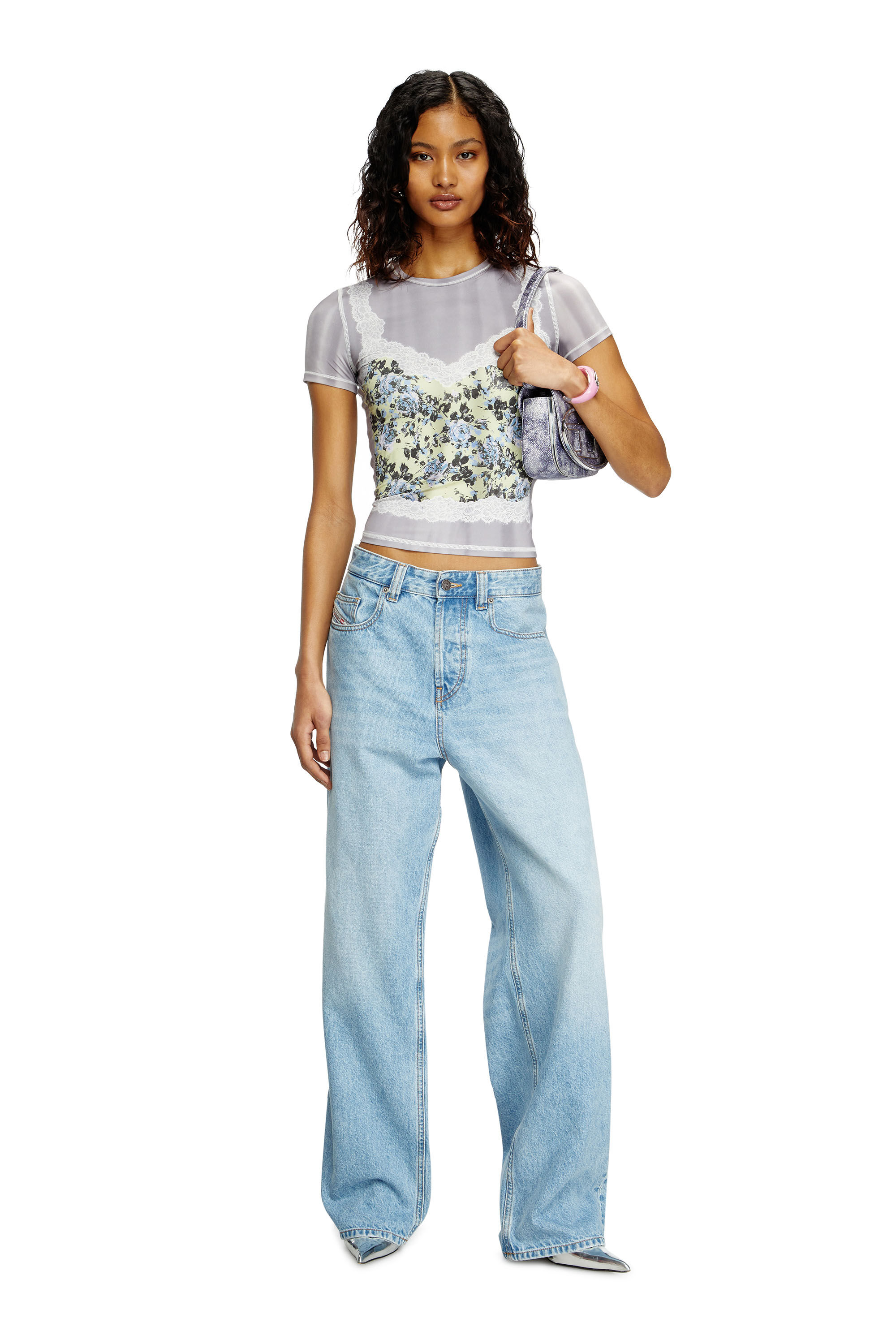 Diesel - T-ILENI, T-shirt con top trompe-l'oeil Donna in Grigio - 1