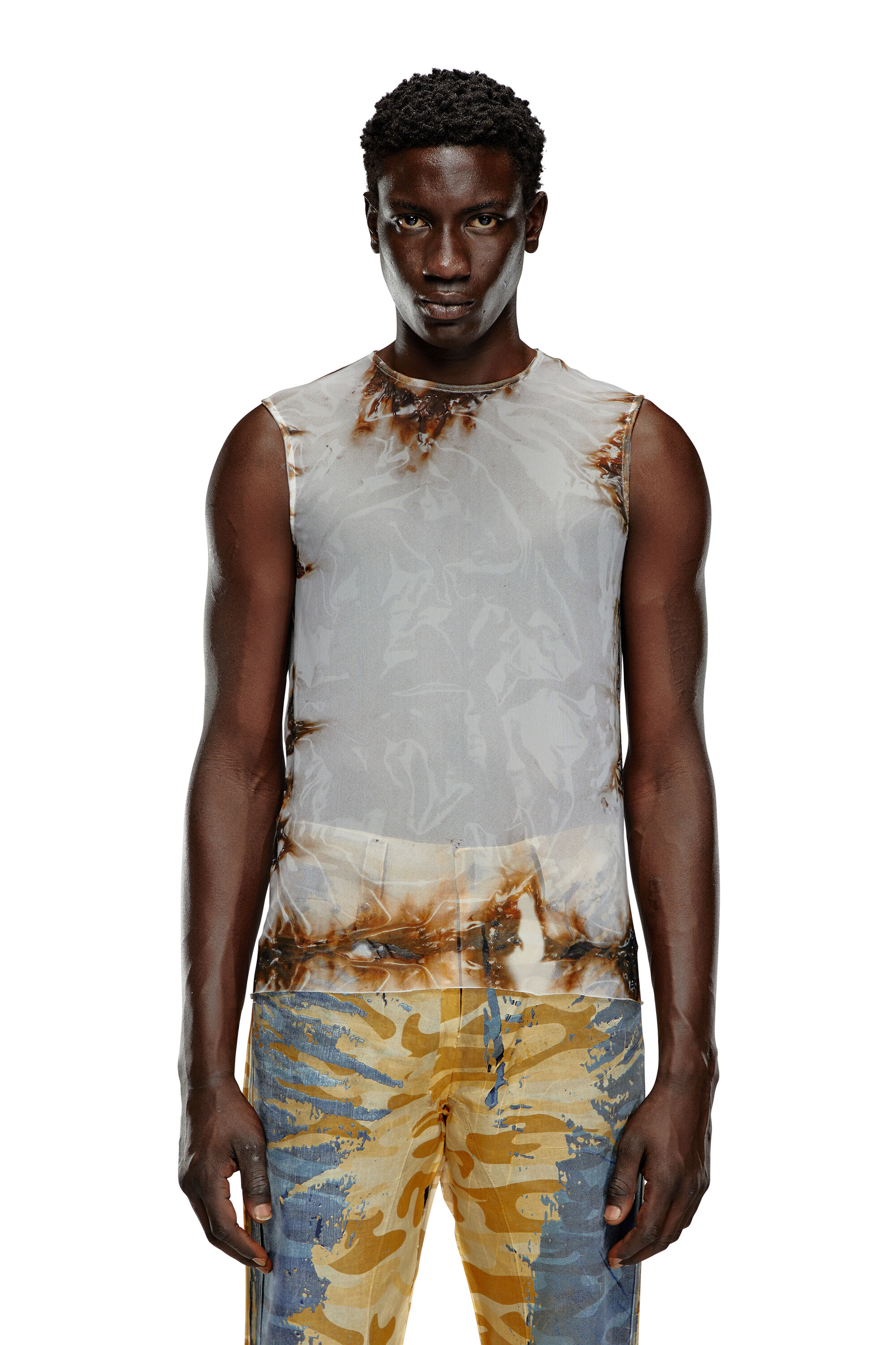 Diesel - T-BISCO-BURN-ART, Top in tulle con stampa fiamme Uomo in Multicolor - 6