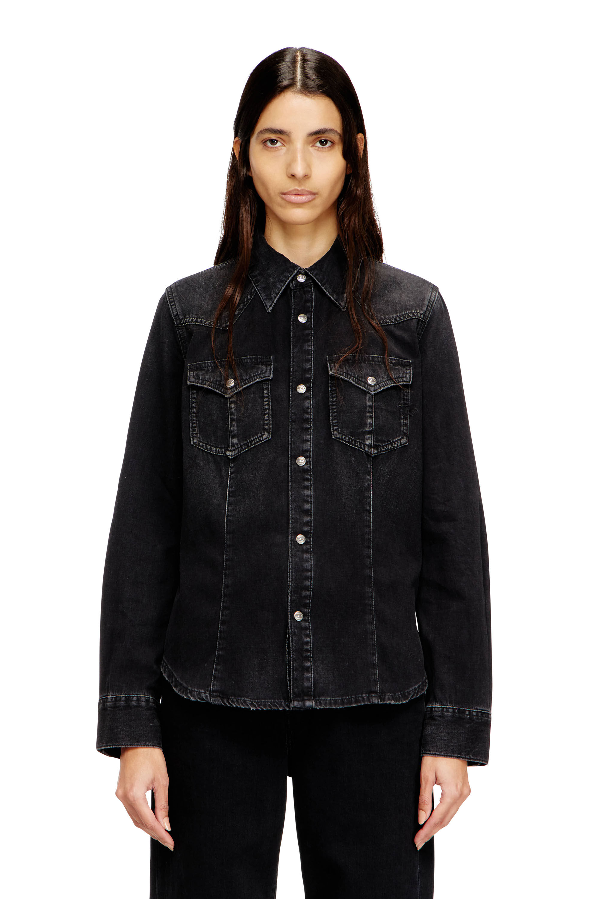Women's Western shirt in treated denim | Black | Diesel {{Country}}