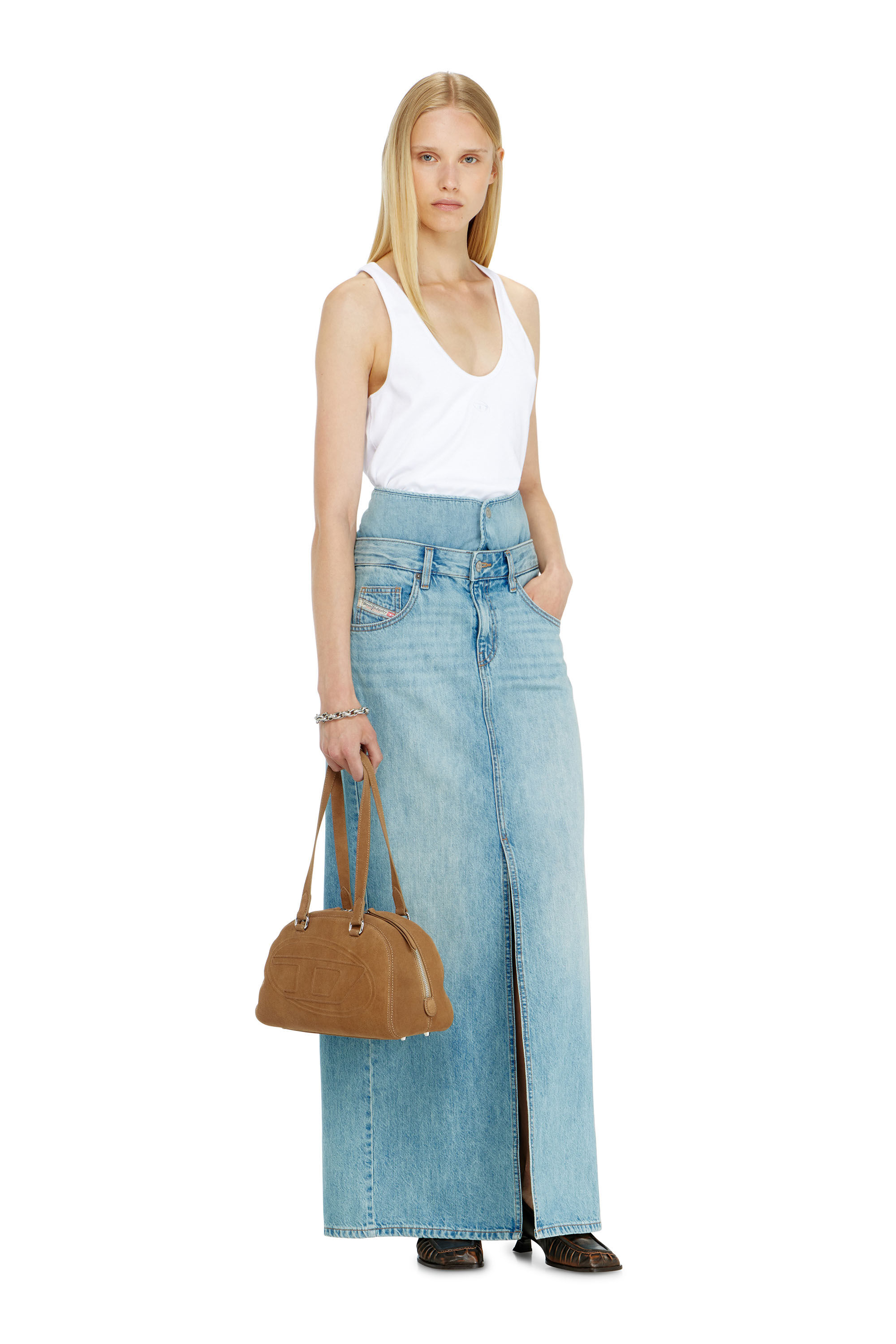 Diesel - DE-SPIVEY, Gonna maxi in denim con effetto jean‑illusion e spacchi Donna in Blu - 1