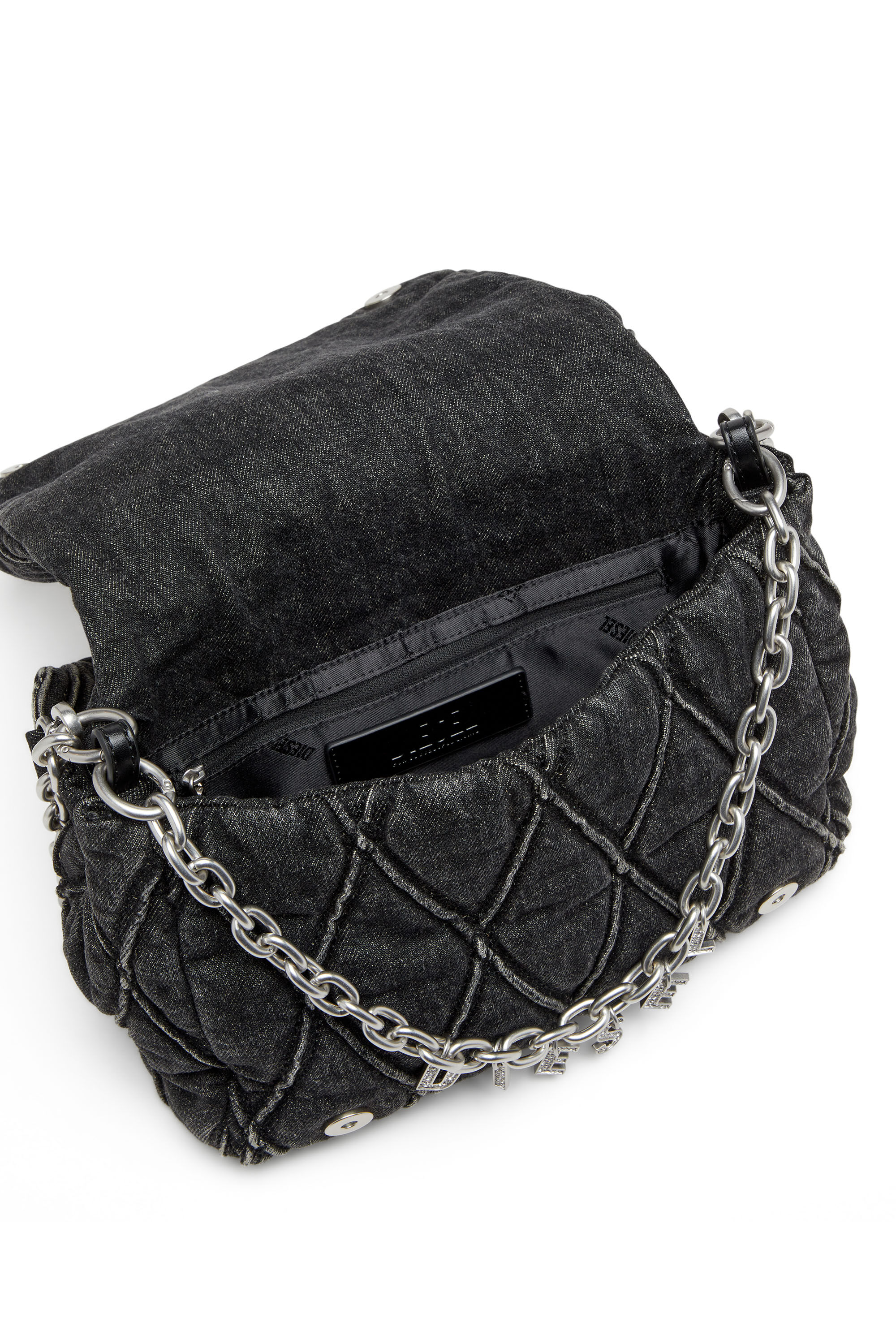 Borsa Charm D Shoulder M donna in Denim trapuntato Nero Diesel