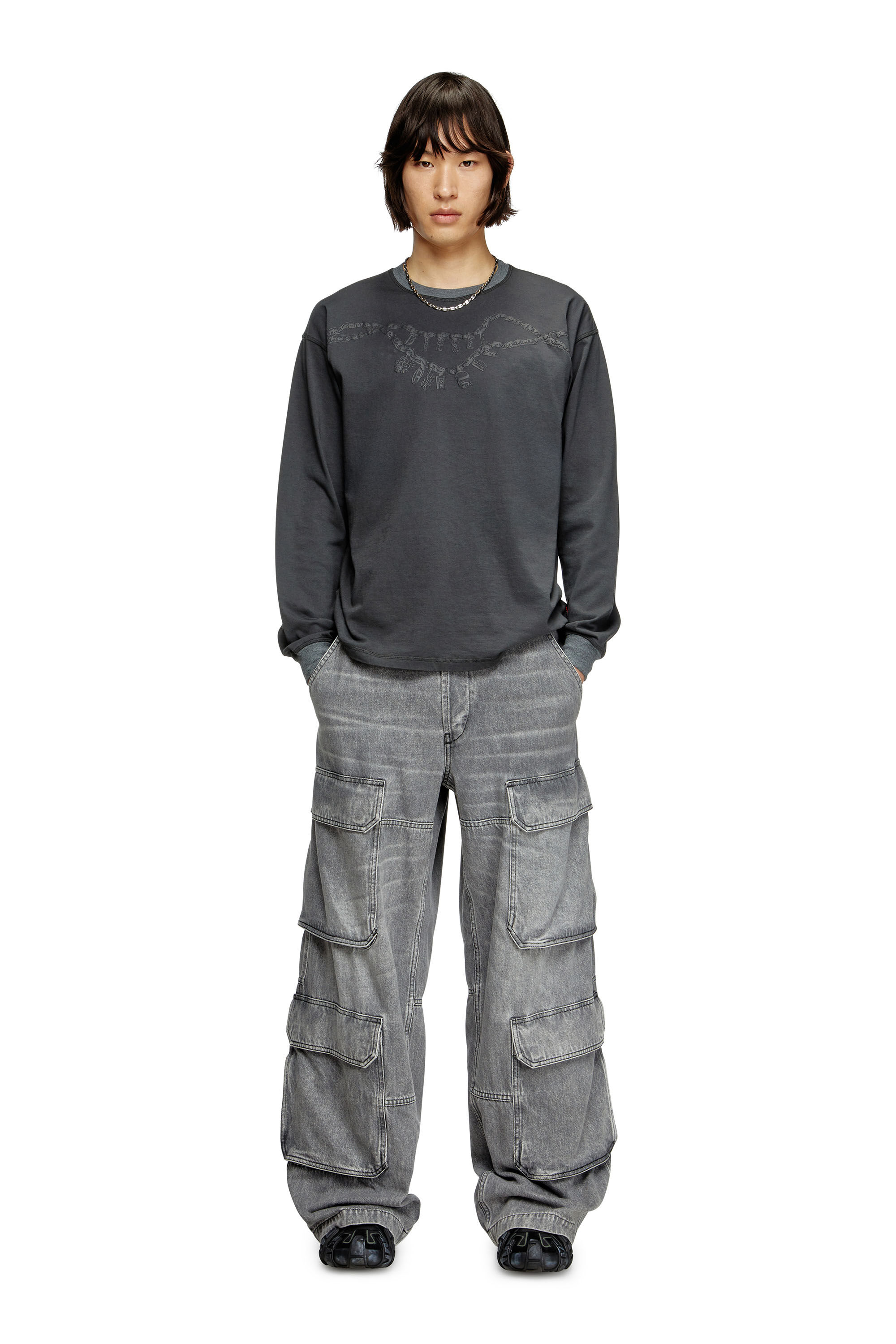 Diesel - T-BOXT-LS-HOSHI, T-shirt a maniche lunghe con stampa collana Unisex in Grigio - 1