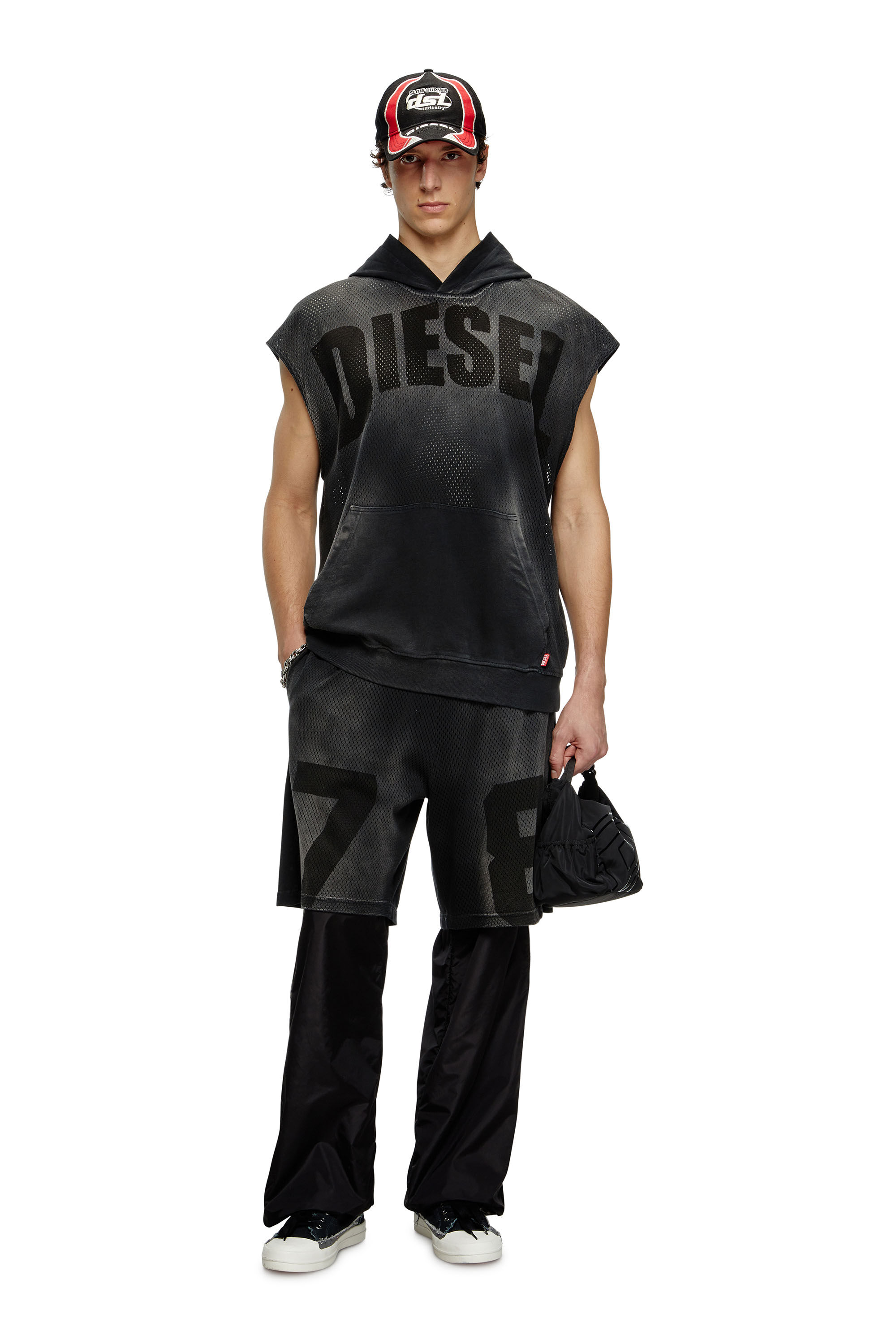 Diesel - S-BOXT-SL-MESH, Hoodie senza maniche in rete e jersey Uomo in Nero - 1