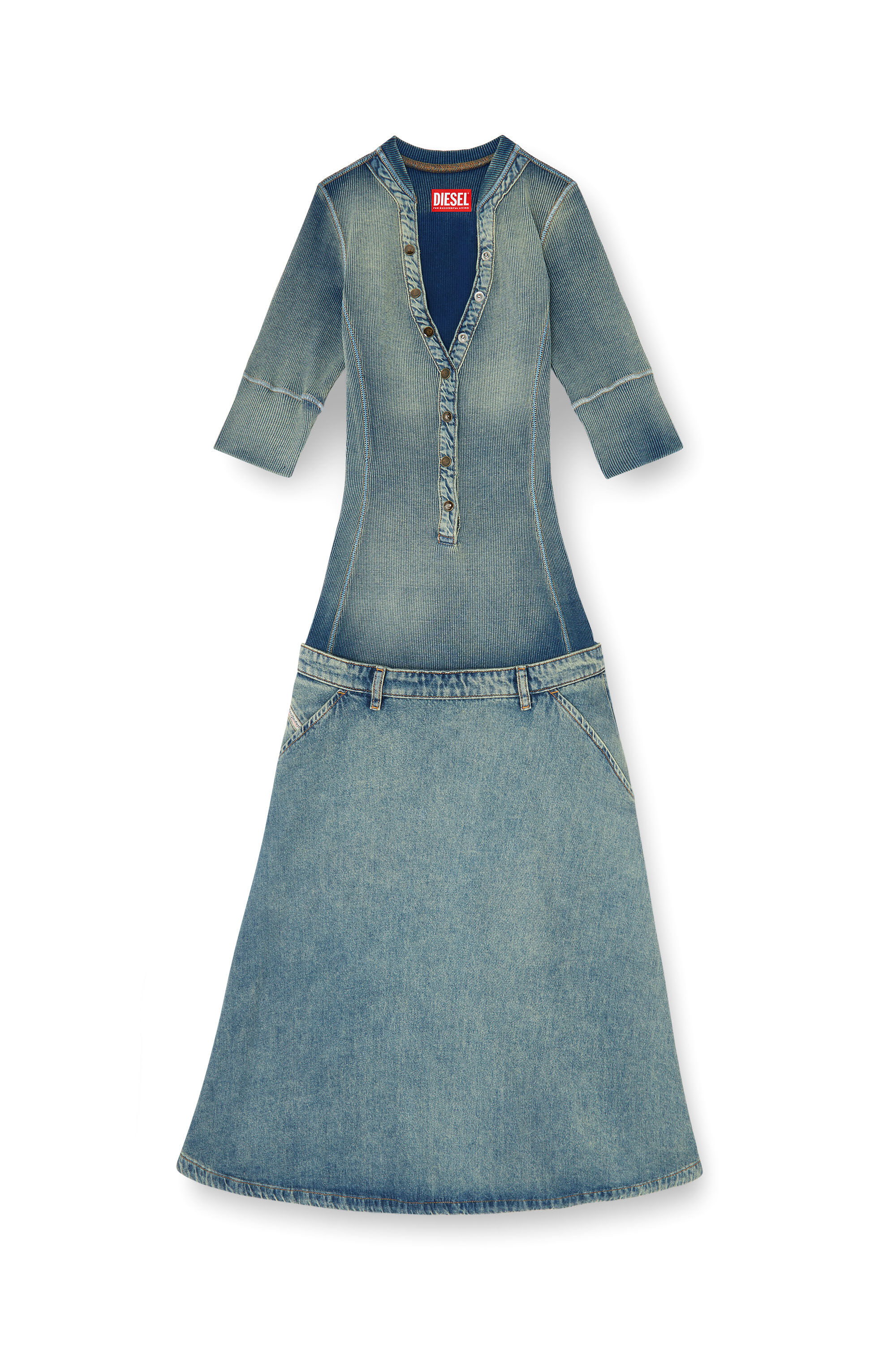 Diesel - DE-ANIM-S, Woman's Drop-waist midi dress in knit and denim in null - 2
